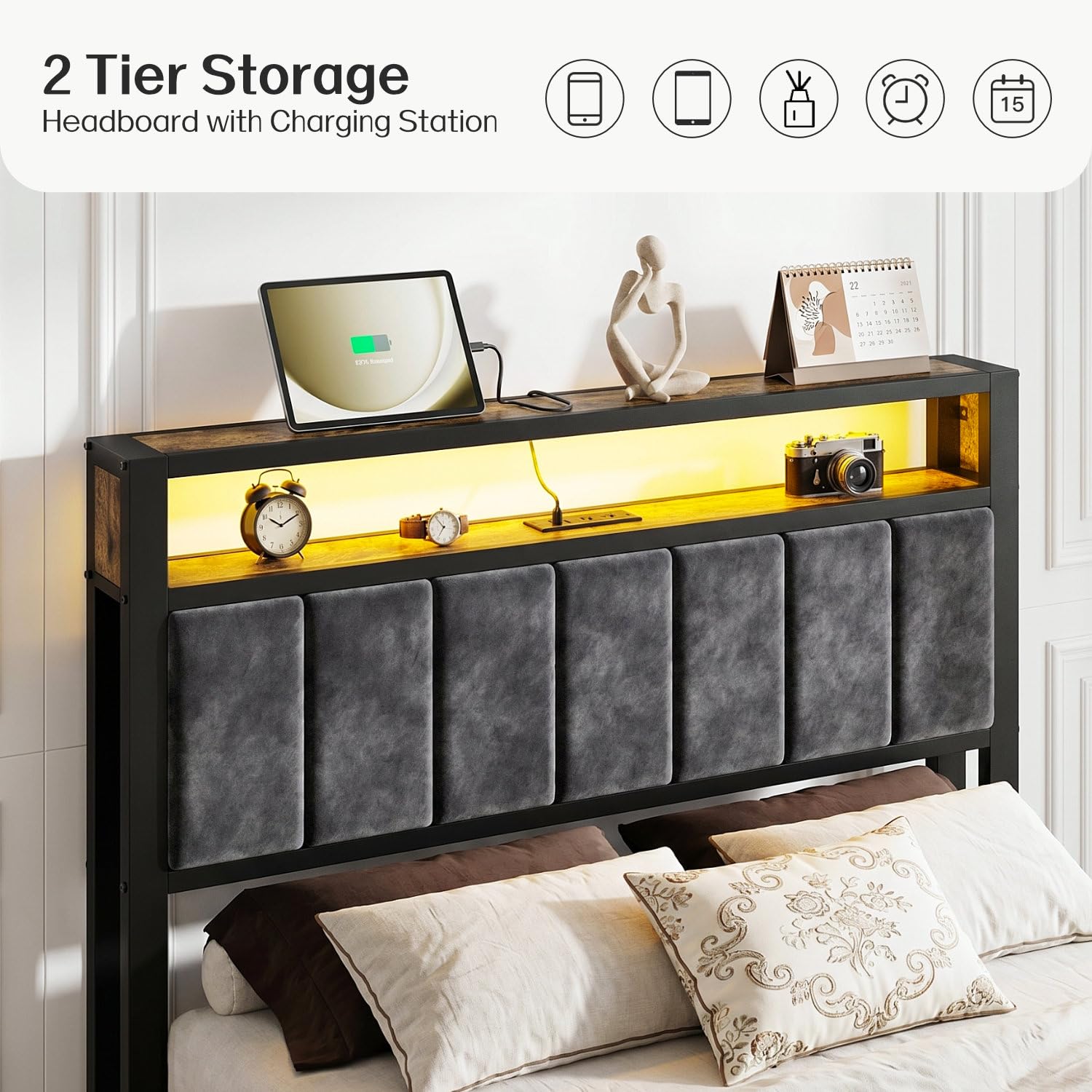 Metal Platform Bed with LED & Charging Station