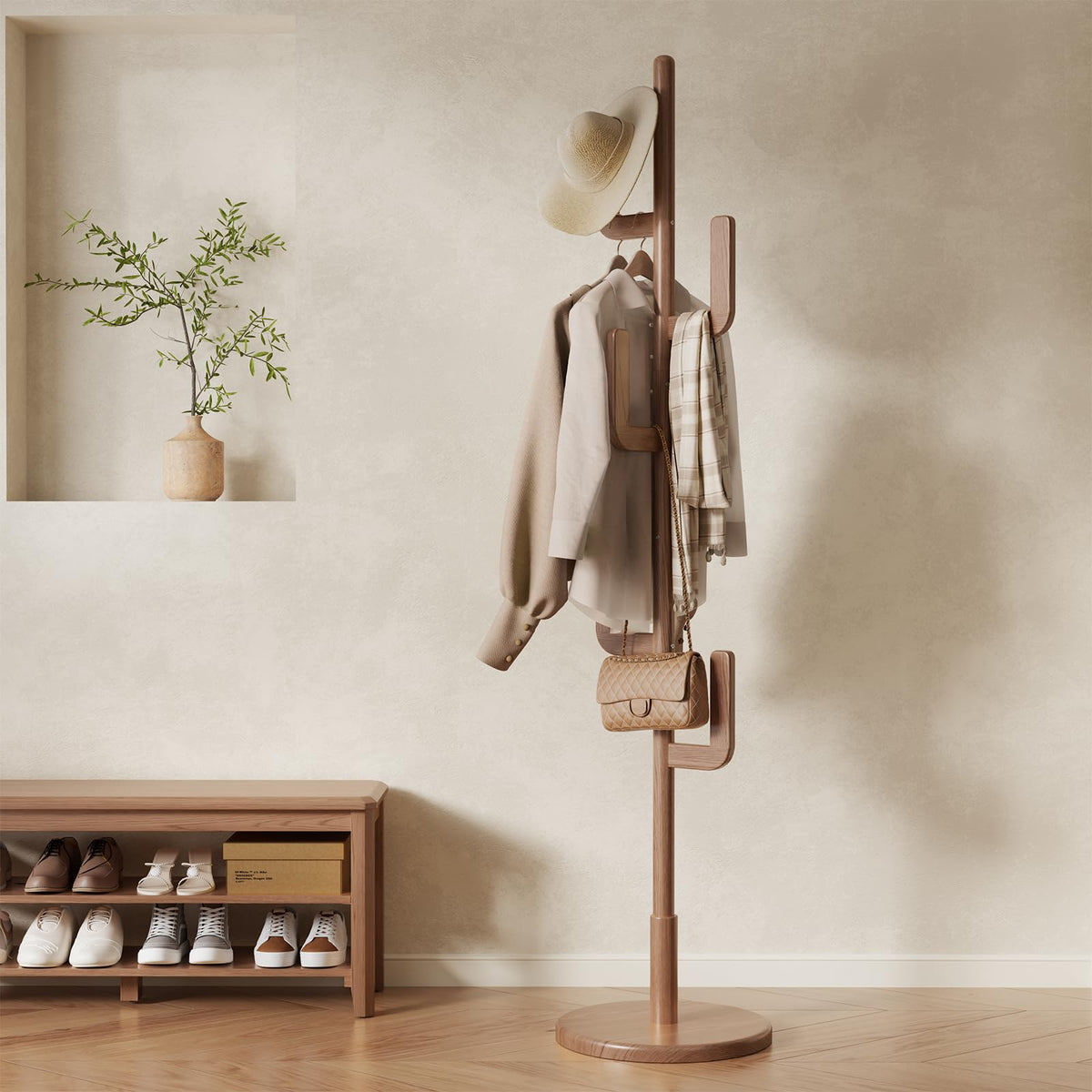 Walnut Solid Wood Cactus Coat Rack with 6 Hooks