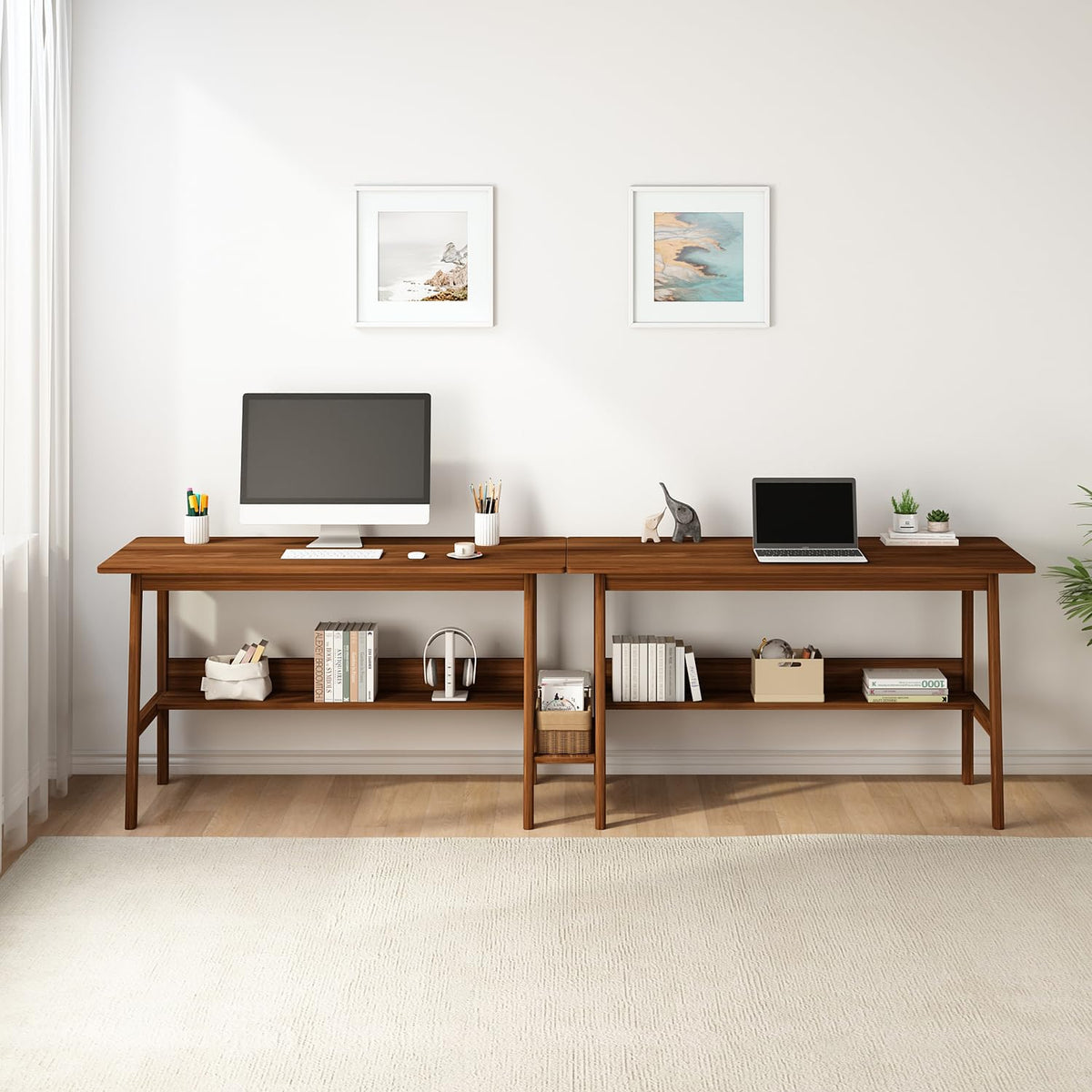 NELYE 2 Person Desk with Storage Bookshelf, 94” x 24” in, Walnut