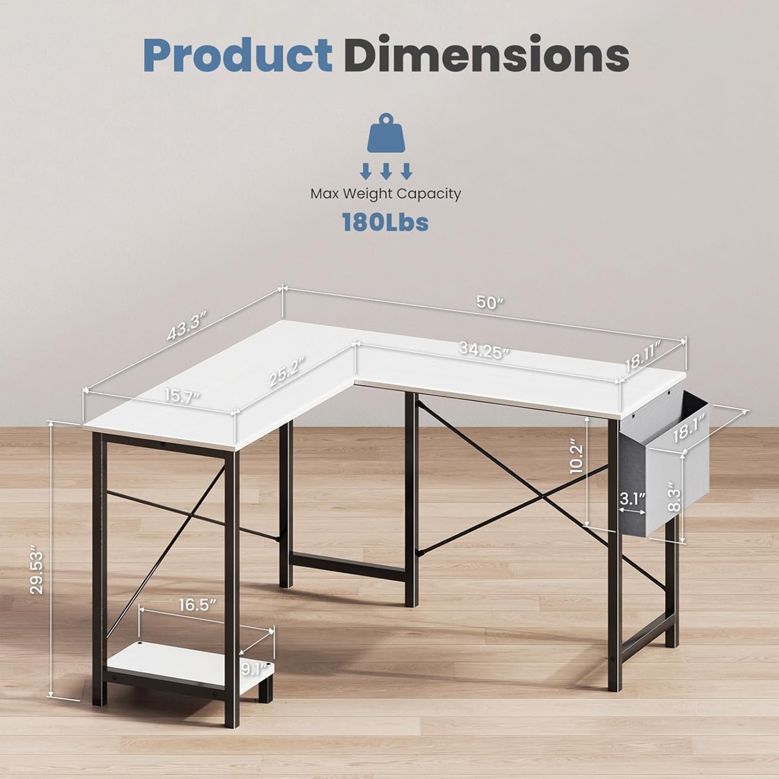 Sweetcrispy L Shaped Desk - Computer Desk Corner Desks Gaming Desk PC Table with CPU Stand Side Bag for Home Office Dorm Sturdy Writing Workstation, White, 50-Inch