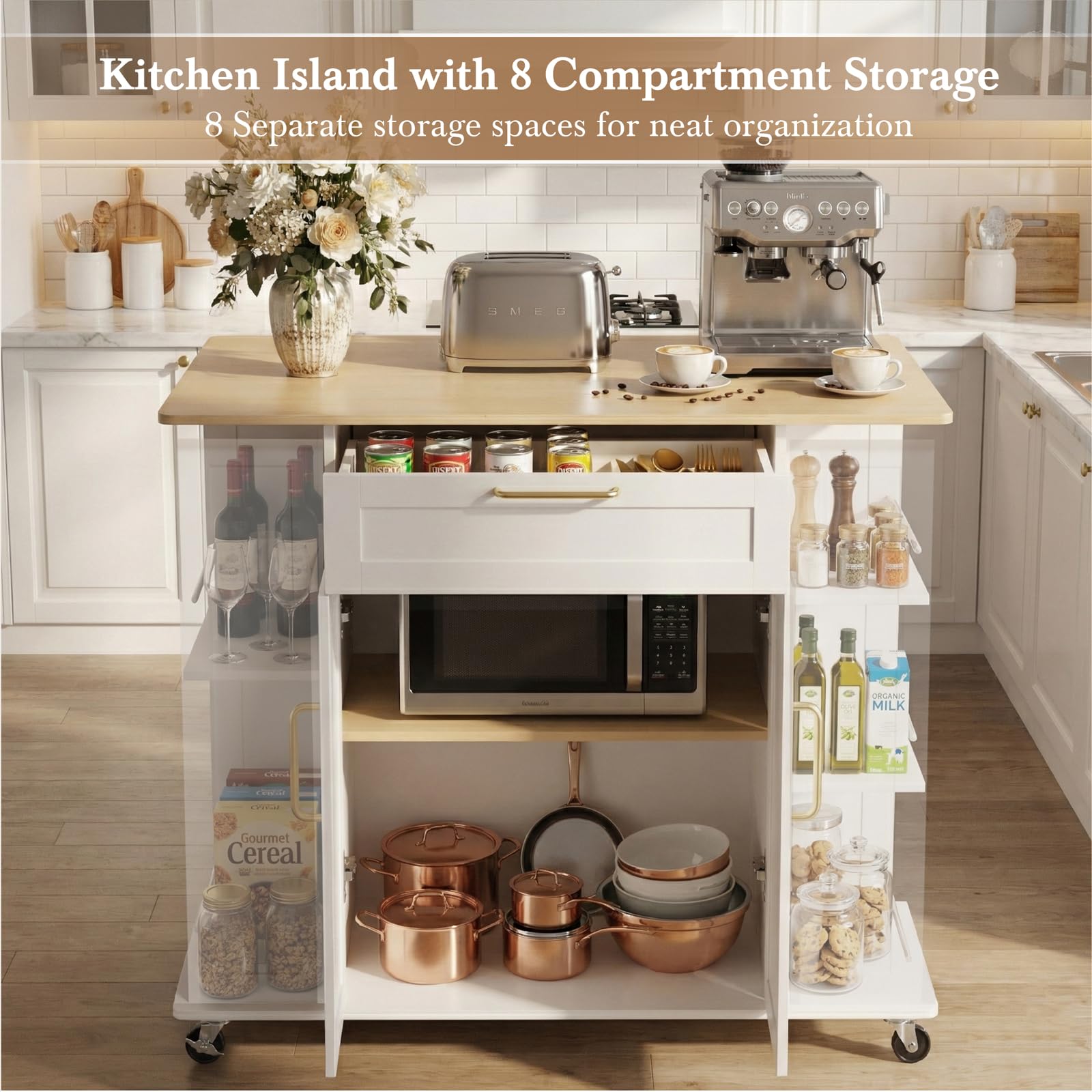 Faesun Kitchen Island on Wheels with Storage, Portable Kitchen Cart with Foldable Drop Leaf & Adjustable Shelves, Rolling Kitchen Island Cabinet with Spice Rack & 5 Casters, FSC Wood, White
