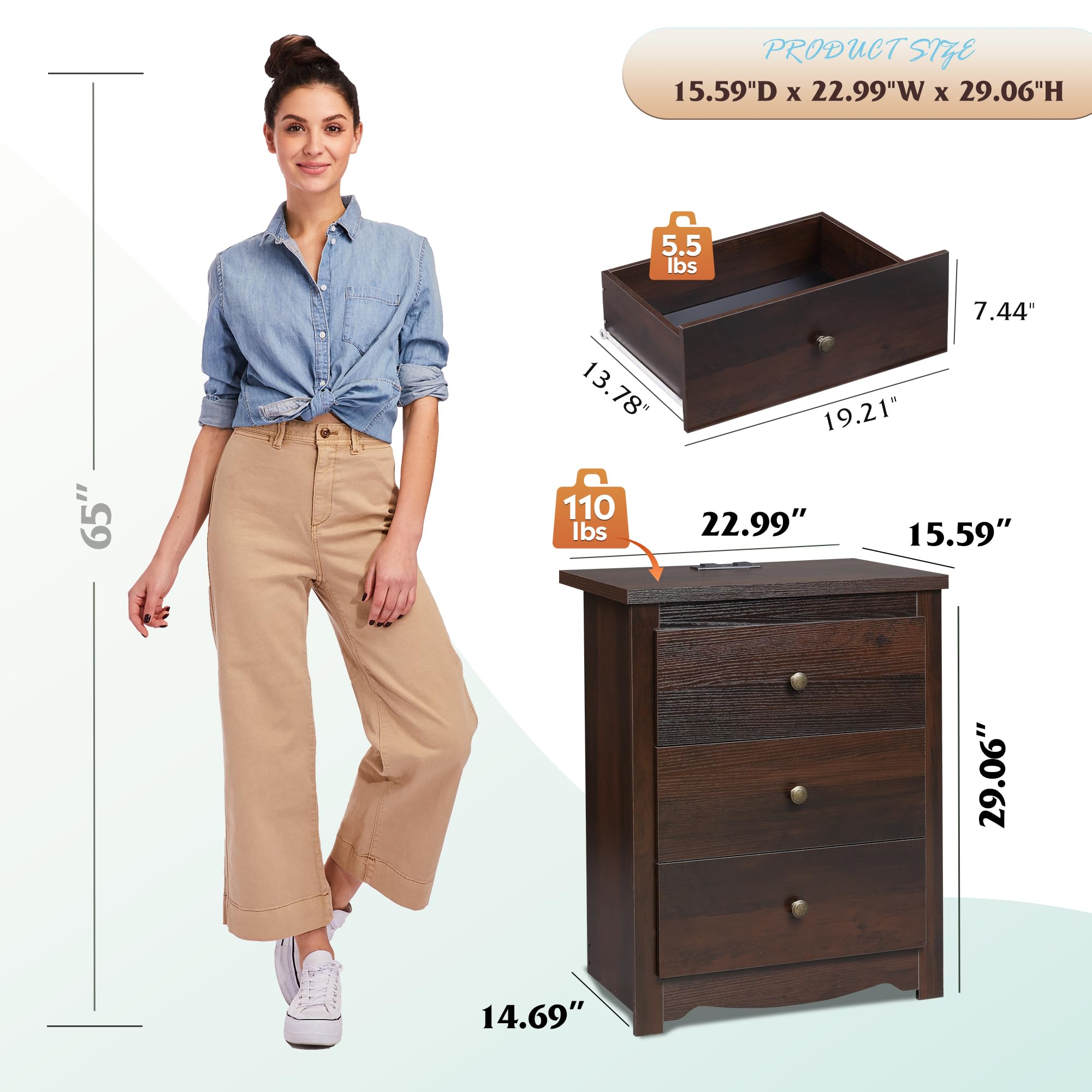 Tall Nightstand with Charging Station & 3 Drawers