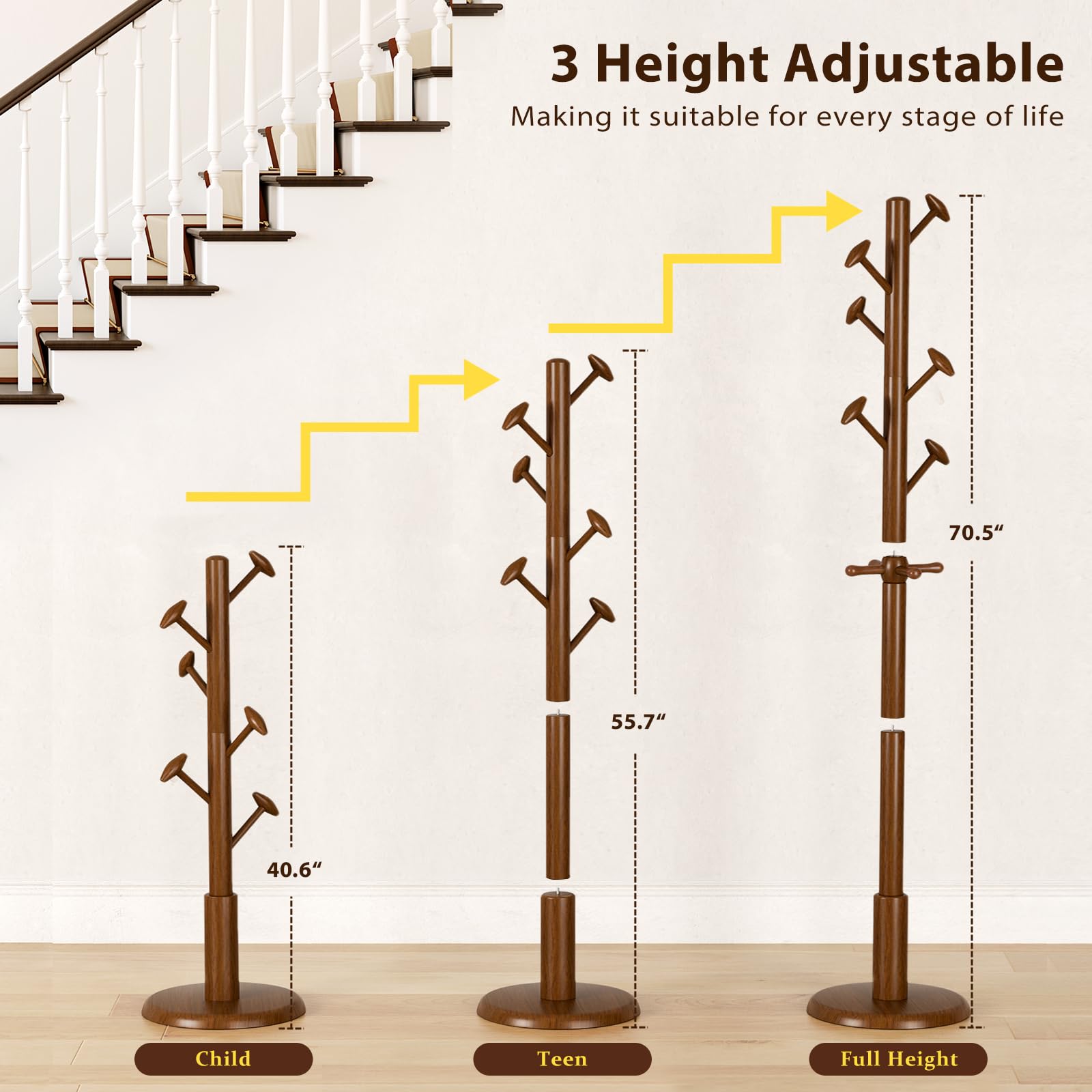 Freestanding Wood Coat Rack with 10 Hooks