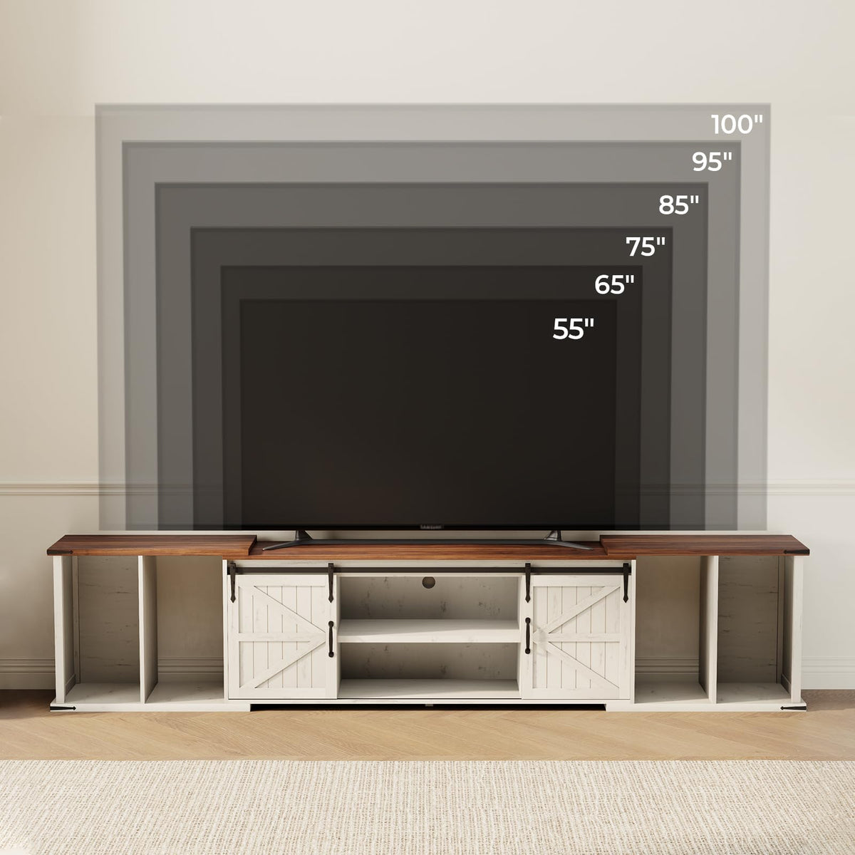 ALLSTAND Extendable TV Stand, Entertainment Center for 85 95 105 Inch TV, Farmhouse TV Stand with Large Capacity Storage and Sliding Doors, Media Console for Living Room, Length 86"-113", White