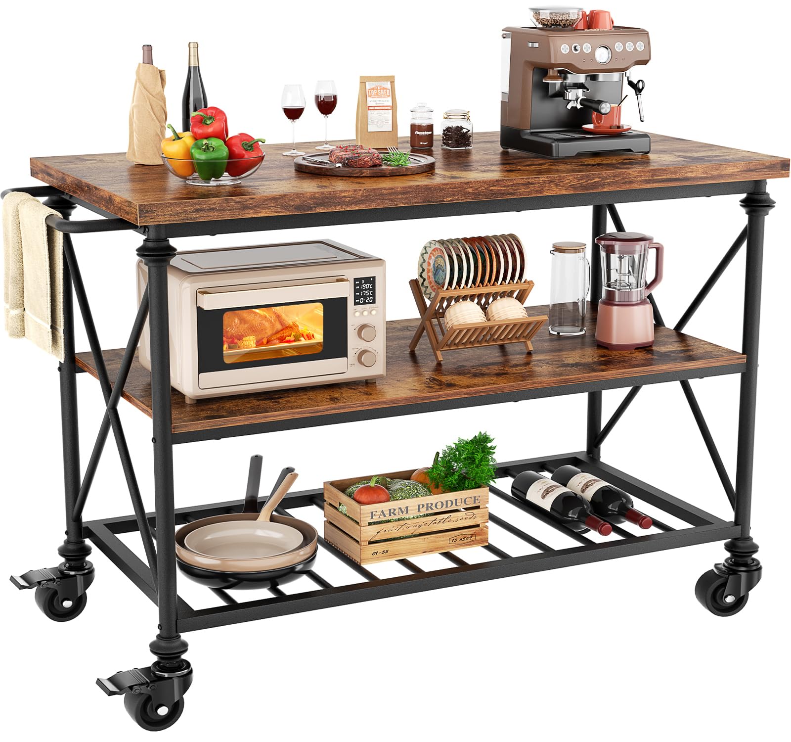 3-Tier Rolling Kitchen Island with Pipe Legs