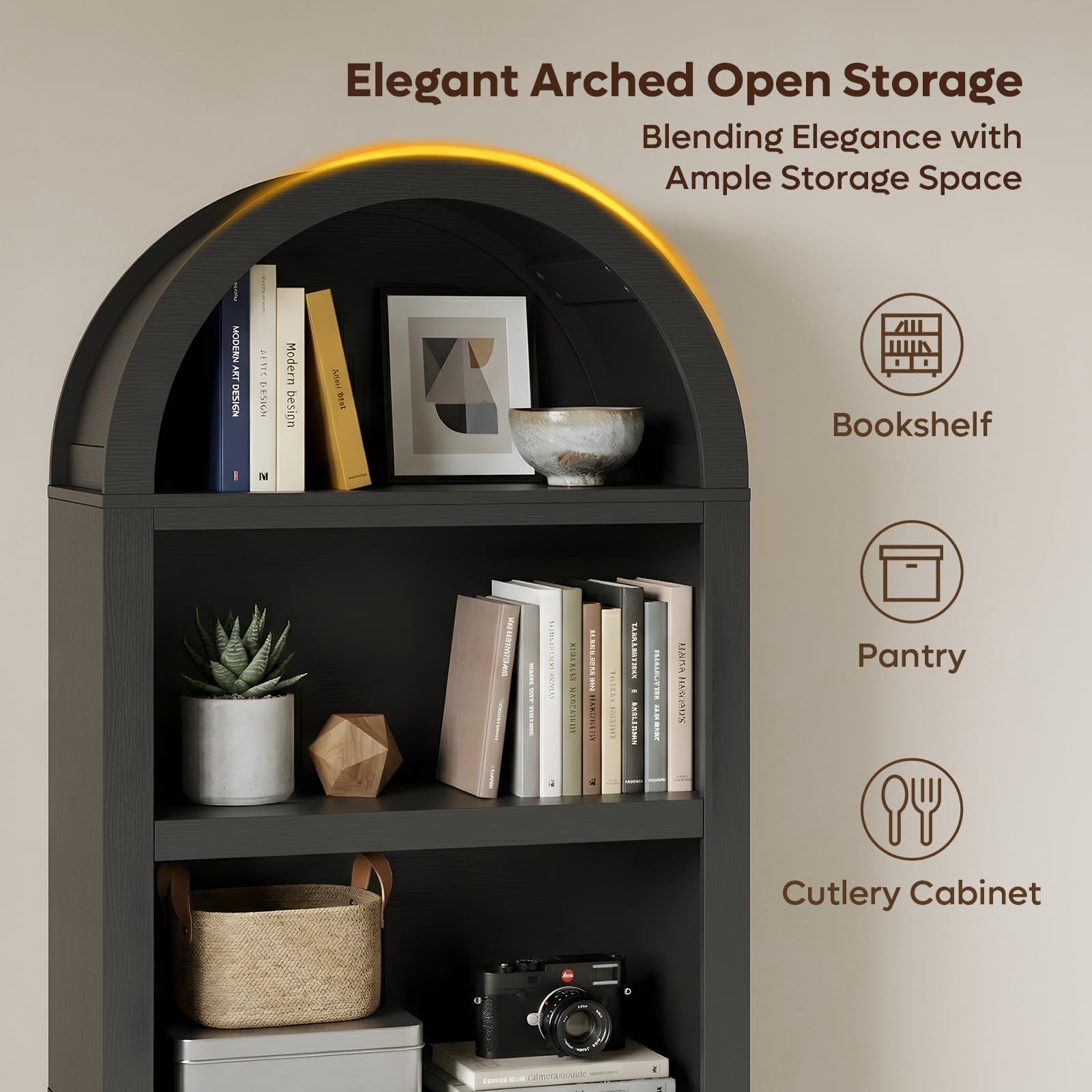 Bestier 76" Tall Arched Bookshelf, 5 Tier Arched Bookcase with Adjustable Book Shelves, Large Arch Wood Bookshelf, Modern Farmhouse Open Display Tall Bookcase for Bedroom, Home Office, Bedroom, Black