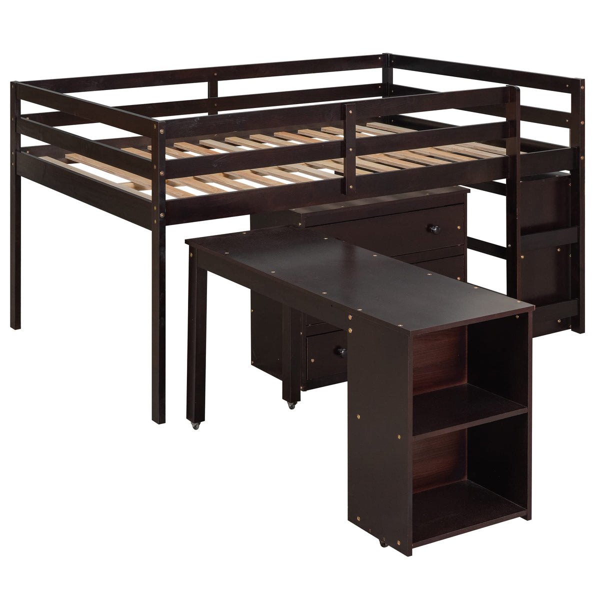 Merax Solid Wood Full-Size Low Loft Bed Frame with Ladder for Kids Bunk, Cabinet + Desk, Pure Espresso