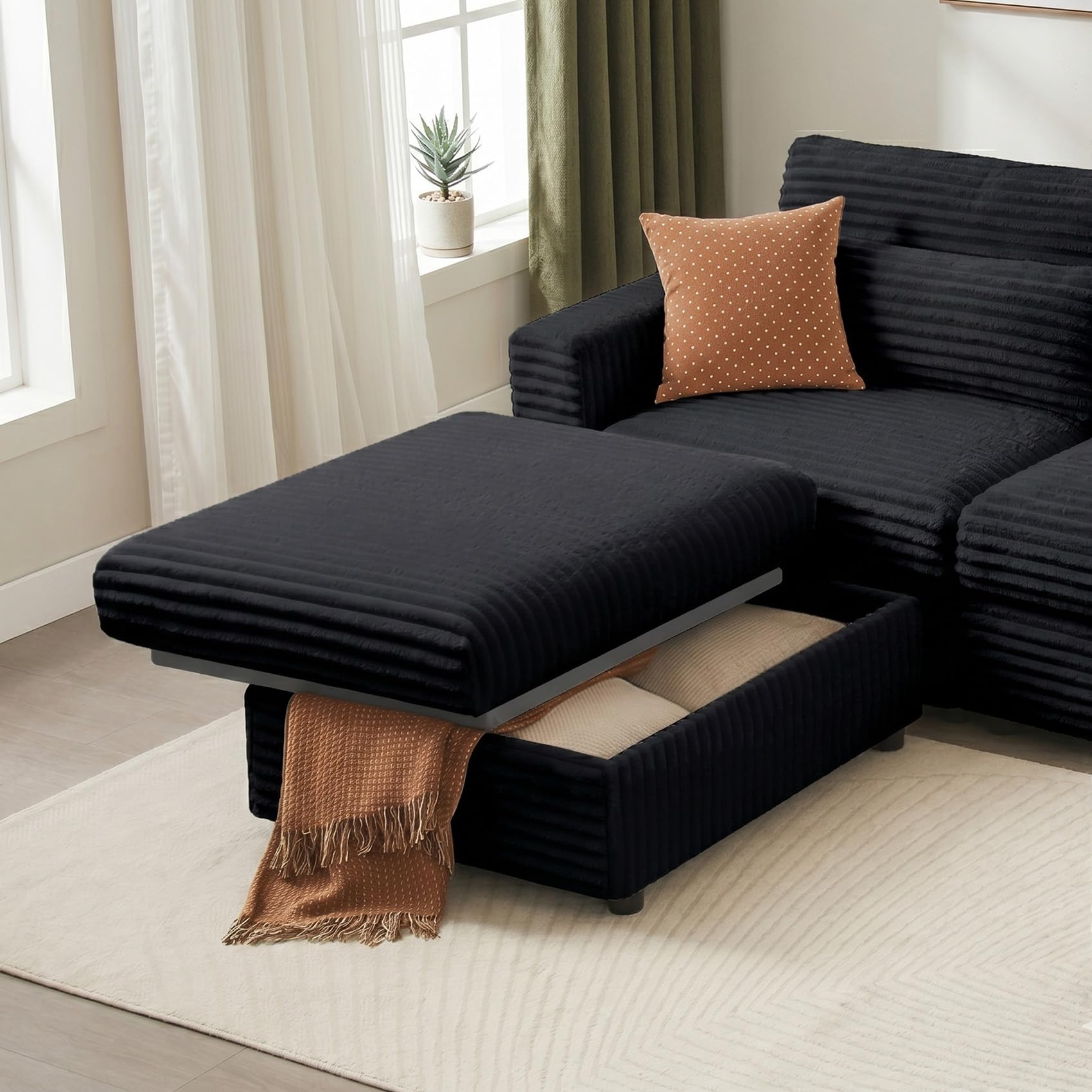 Mofolit Corduroy Ottoman with Storage,16.5Inch Height Square Ottomans Easy of Assembly, Couch Ottoman for Living Room,Apartment and Bedroom .(Black, Ottoman)
