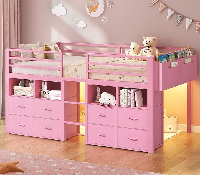 Kids Low Loft Bed Twin with Storage Drawers & LED Lights