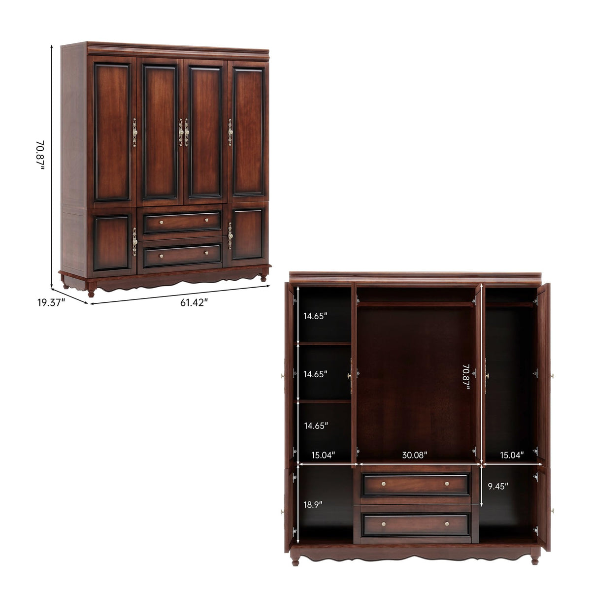 Solid Wood Wardrobe with Drawers