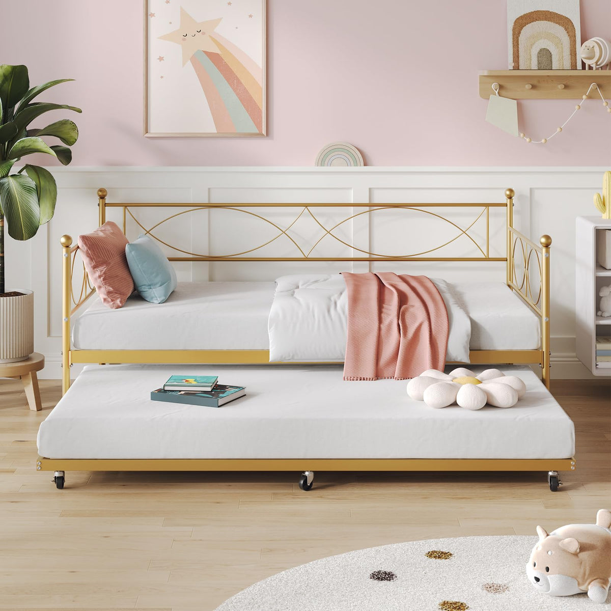 IDEALHOUSE Metal Twin daybed with Trundle with Steel Slat Support
