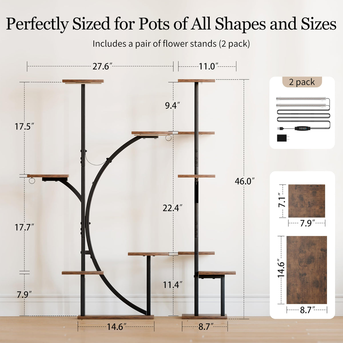 6-Tier Corner Plant Stands with Grow Lights, 2-Pack