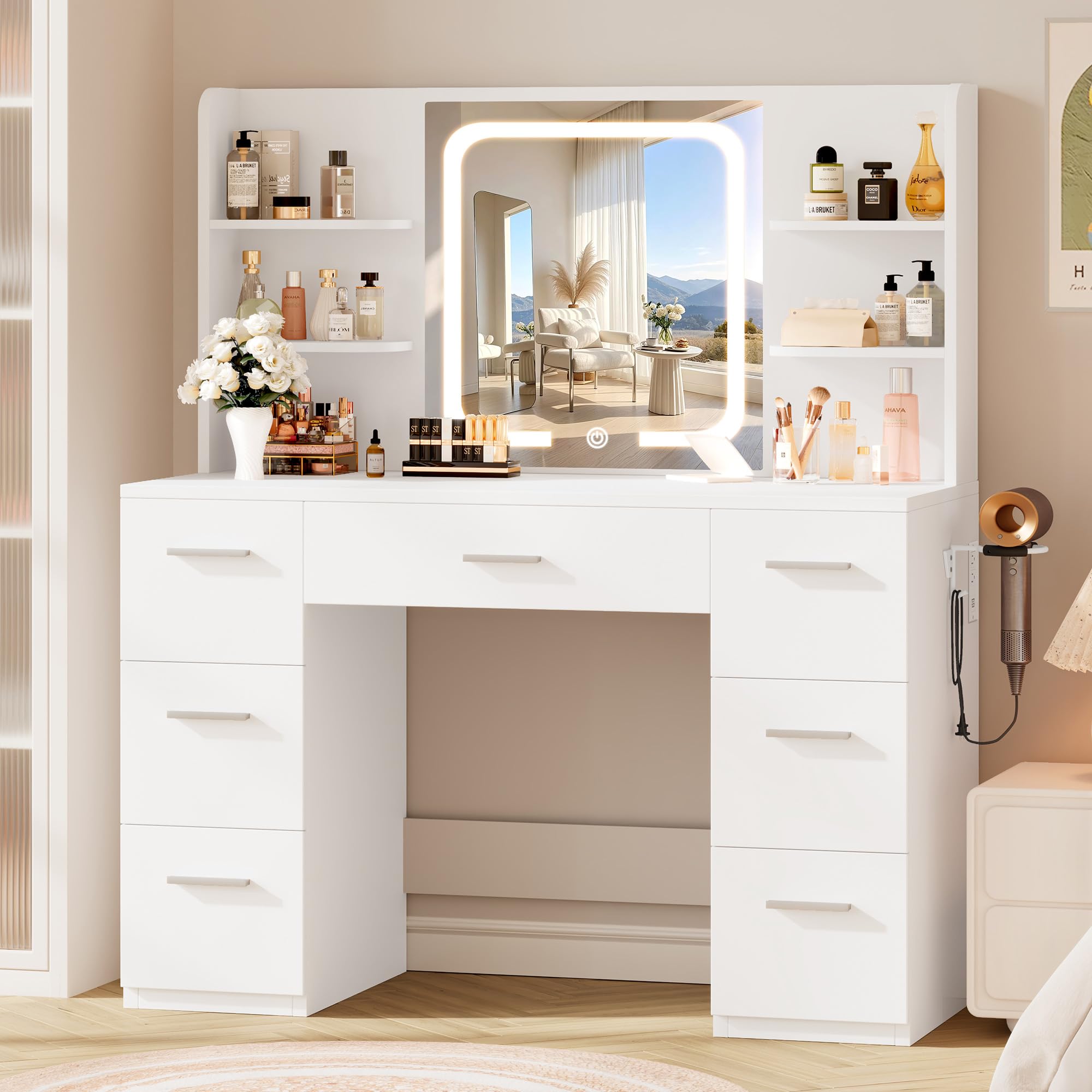 LIVELYGLOW White Large Makeup Vanity Desk with Smart LED Mirror & Power Station, 43" Professional Dressing Table with 7 Drawers, 4 Open Shelves & Hairdryer Holder for Bedroom