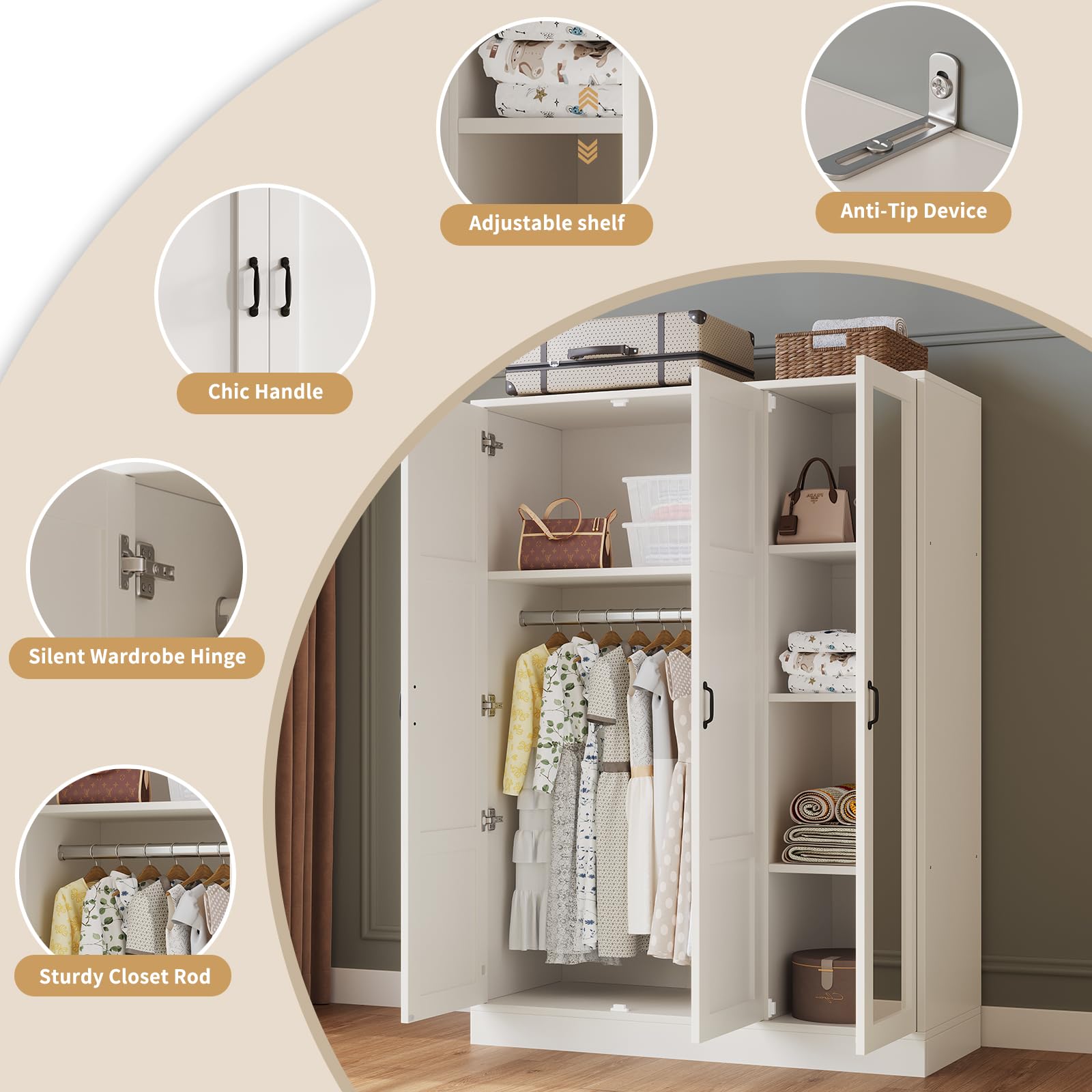 Yanosaku 3-Door Armoire Wardrobe Closet with Full Length Acrylic Mirror, Armoire with Adjustable Shelves & Hanging Rod, Freestanding Storage Cabinet for Bedroom, White