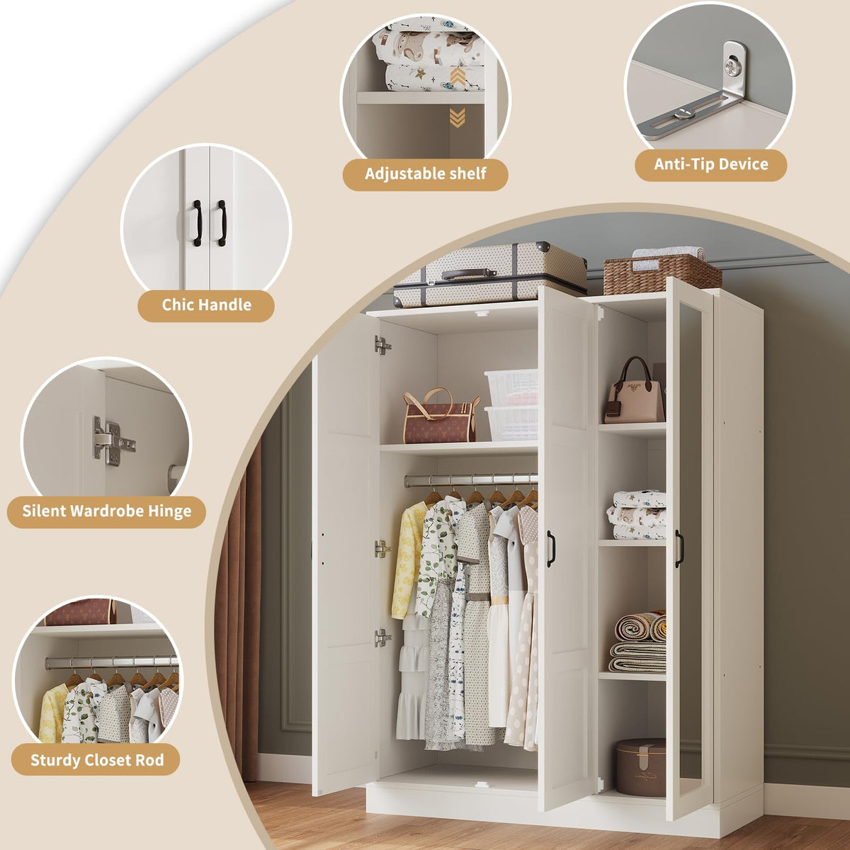 Cozynome 65" Tall Armoire Wardrobe Closet with Full Length Acrylic Mirror & Adjustable Shelves, 3-Door Closet Wardrobe Cabinet with Hanging Rod, Wooden Storage Cabinet for Bedroom, White