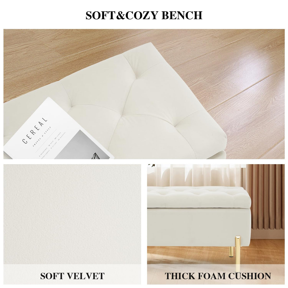 Ivory Velvet Storage Bench