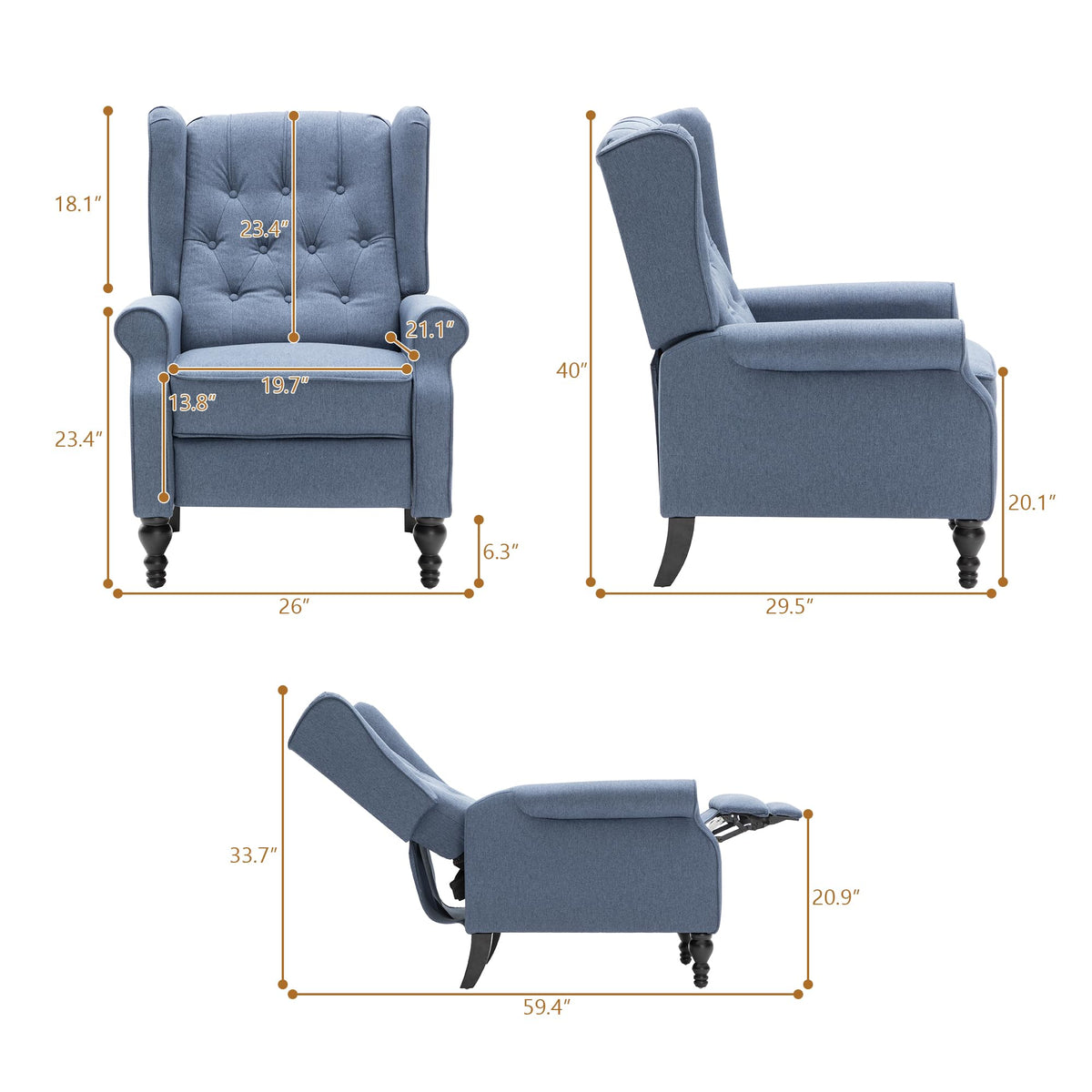 Mid Century Wingback Recliner Chair for Adults, Modern Linen Fabric Push Back Recliner Chairs with Button Tufted Upholstered Back & Footrest, Manual Recliner Chais for Living Room, Nursery, Blue