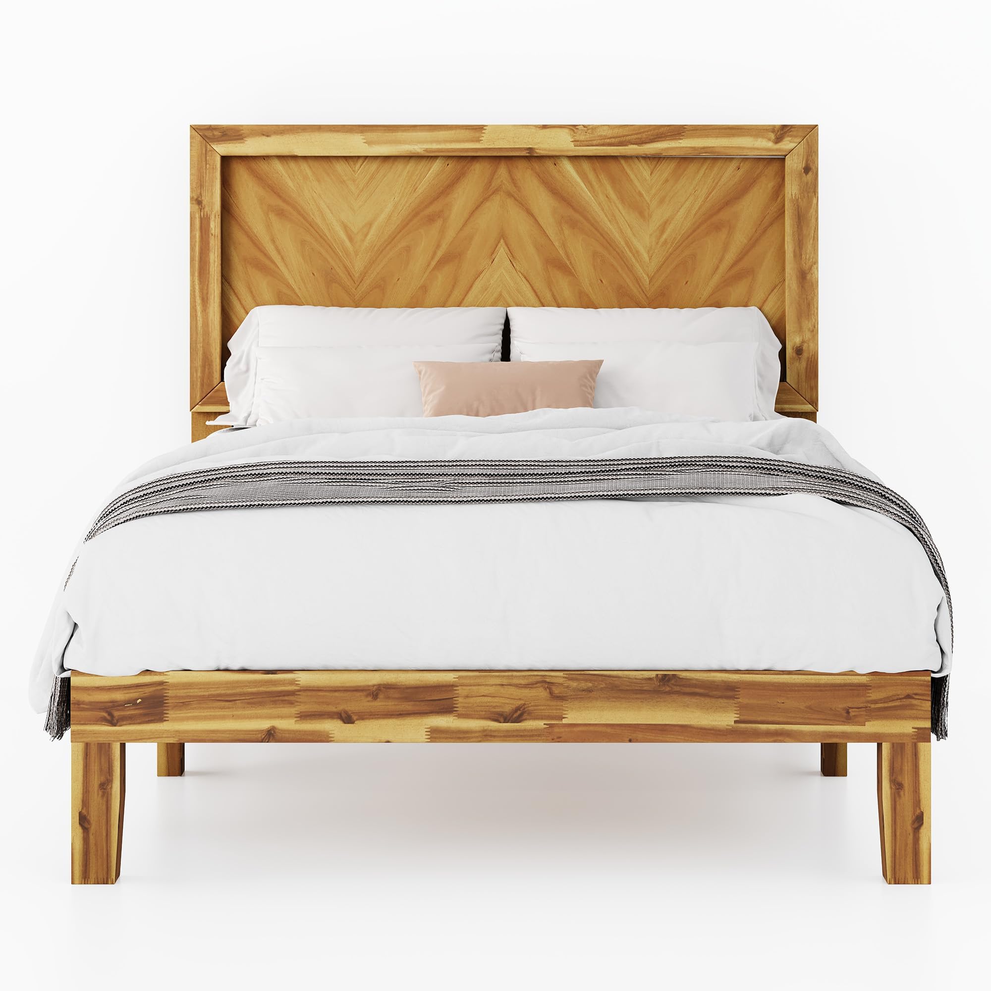 Jocisland Mid-Century Solid Wood Full Size Bed Frame with Heart-Shaped Headboard, Modern Wooden Platform Bed with Slat Support, Acacia Wood, Noise-Free, No Box Spring Needed, Easy Assembly, Brown