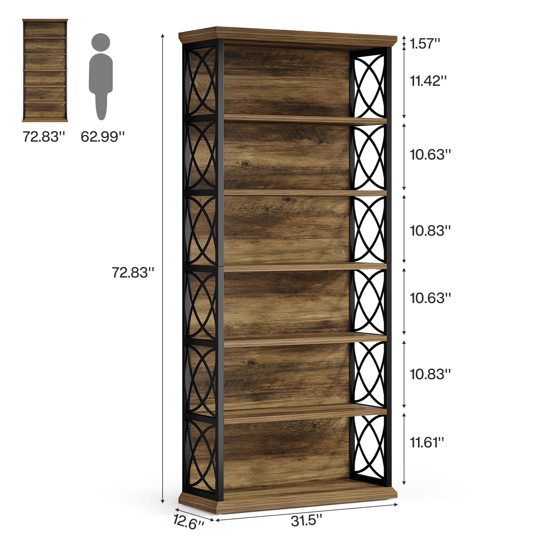 6-Tier Industrial Bookcase with Open Shelves