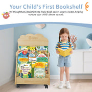 Figfey Kids Montessori Bookshelf 5-Tier Organizer with Lockable Wheels and Adjustable Drawing Board, Toddler Book Rack Nursery with Toy Storage Natural Wood Baby Book Shelf.