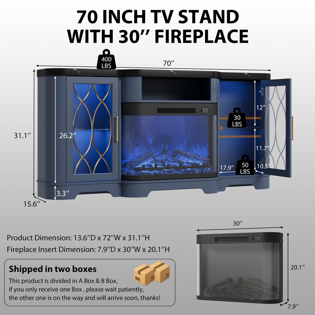 RNLRNL 70" TV Stand with 30" Curved Electric Fireplace, Blue/Black