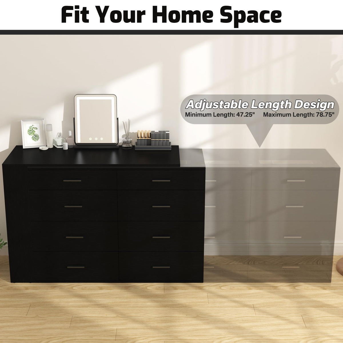 Adjustable LED Vanity with 8 Drawers