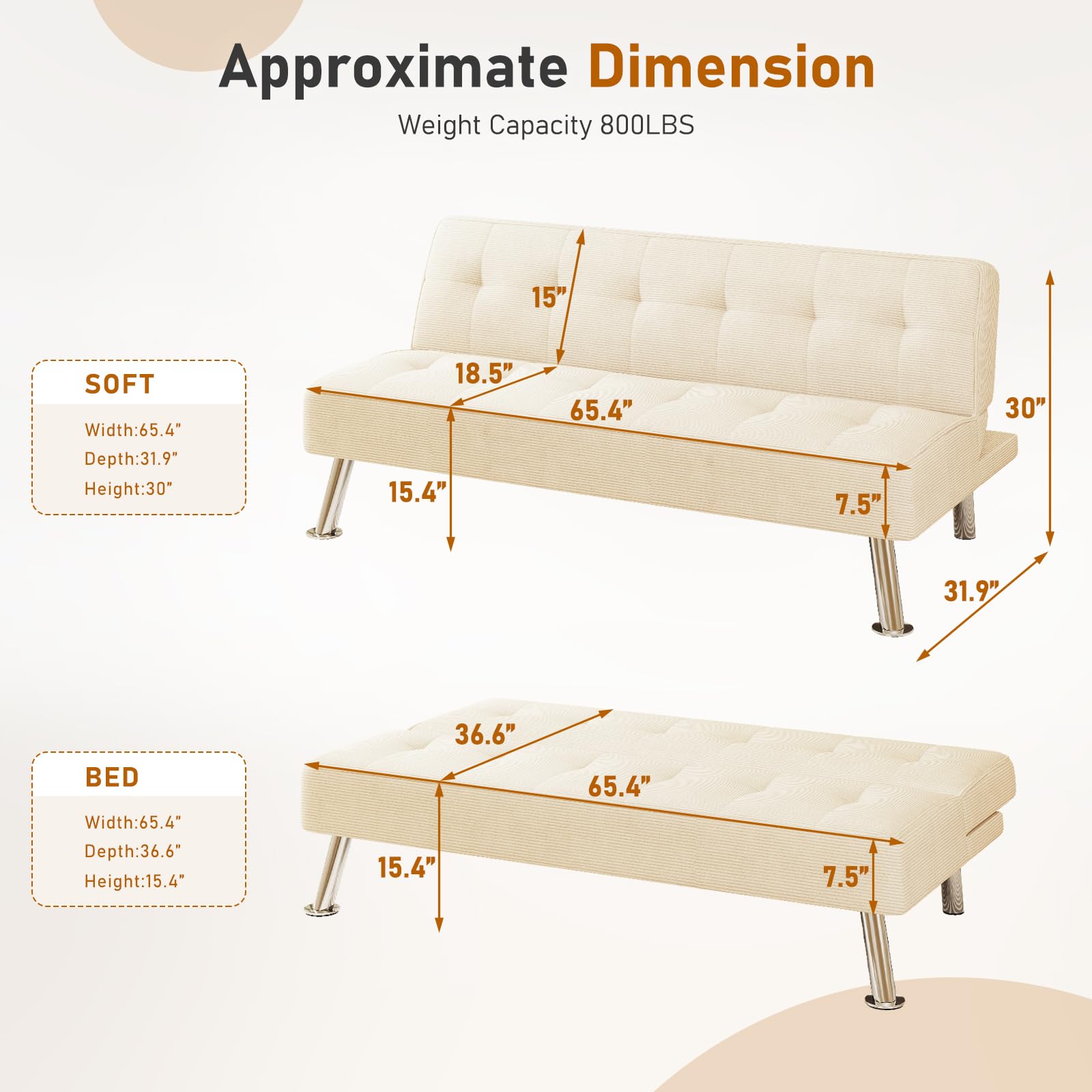 Convertible Futon Sofa Bed – Corduroy, 3-Position Adjustable Backrest