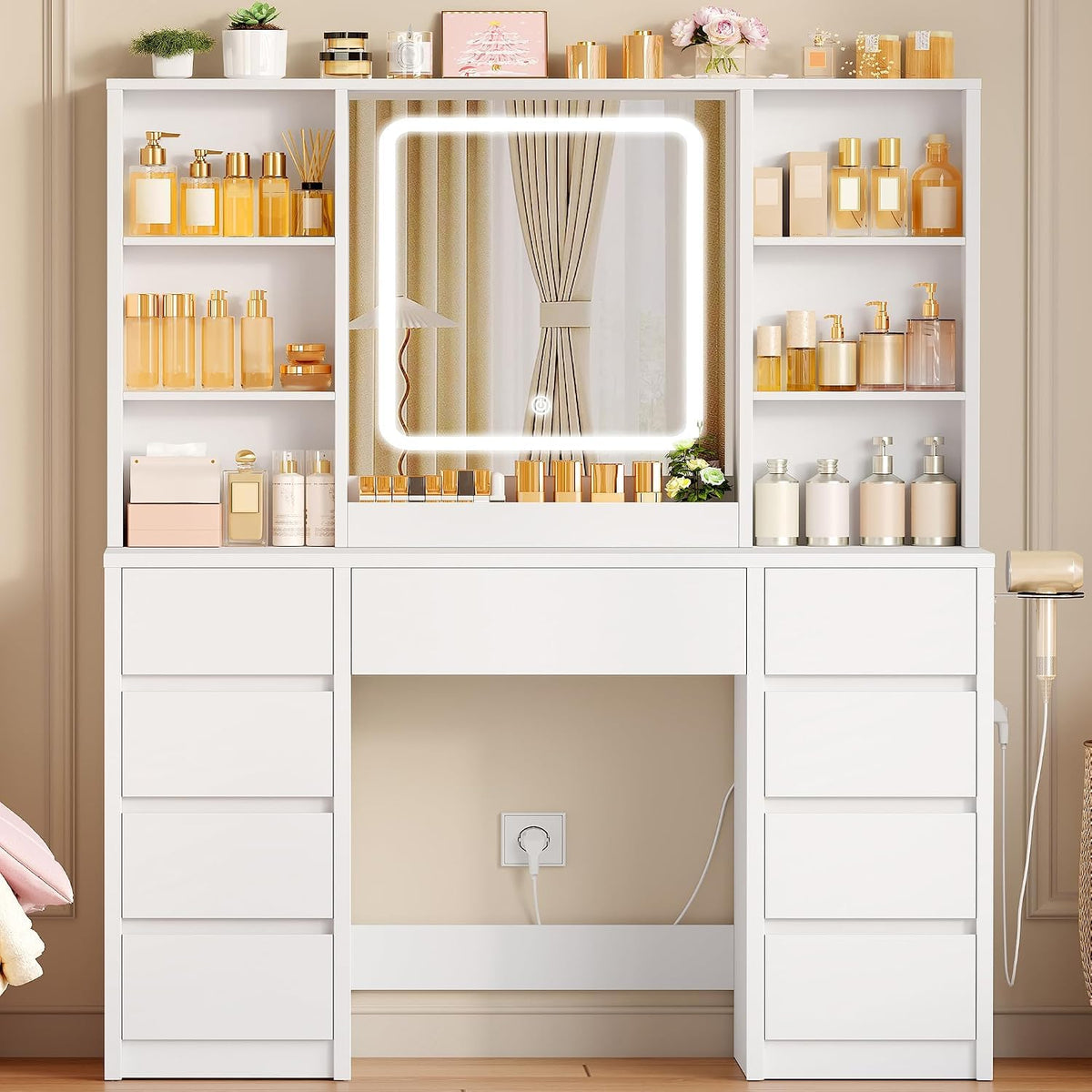 White 9-Drawer LED Makeup Vanity