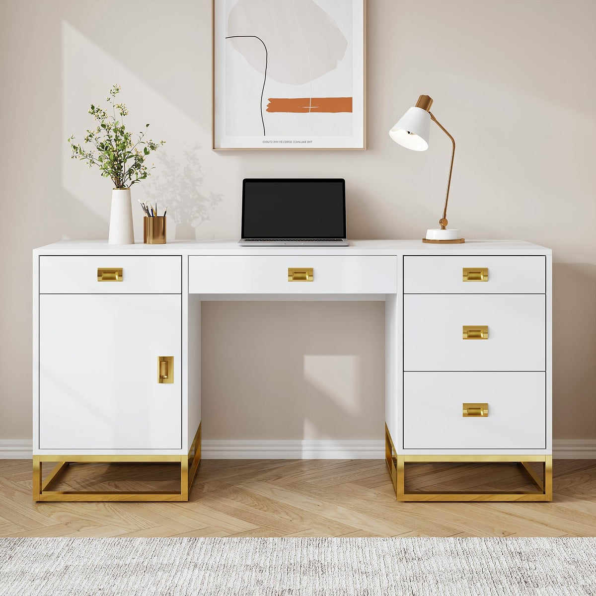 Desk with 5 Drawers and Cabinet