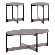 OSP Home Furnishings 3 Piece Occasional Table Set for Livingroom; One Coffee Table and Two Side Tables, Grey Woodgrain Finish with Black Metal