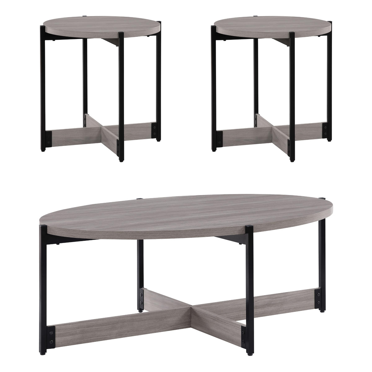 OSP Home Furnishings 3 Piece Occasional Table Set for Livingroom; One Coffee Table and Two Side Tables, Grey Woodgrain Finish with Black Metal
