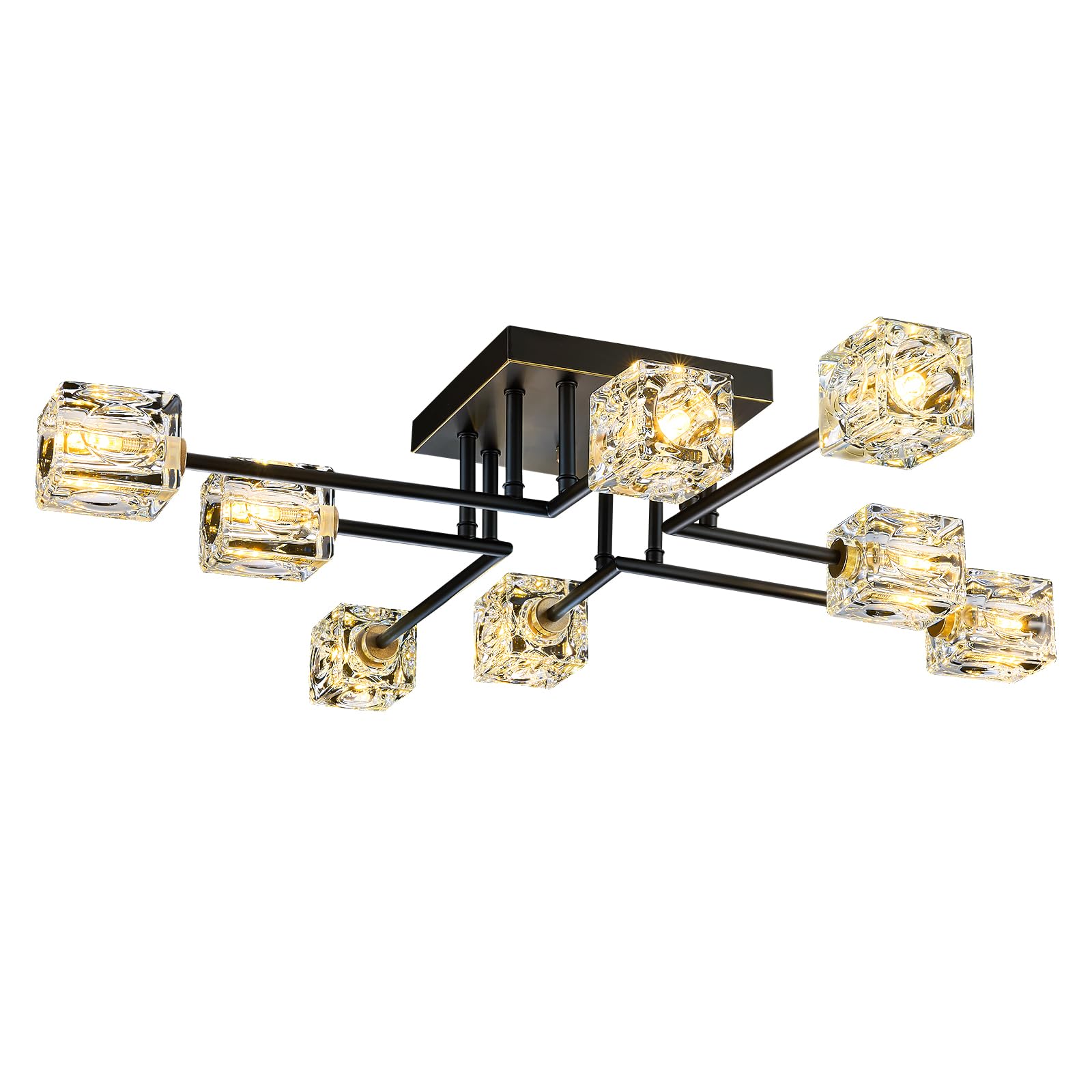 Modern Sputnik Crystal Semi Flush Mount Ceiling Light, 8-Light Black and Gold Crystal Ceiling Fixture for Dining Room, Living Room, Kitchen Island, Bedroom，Entryway