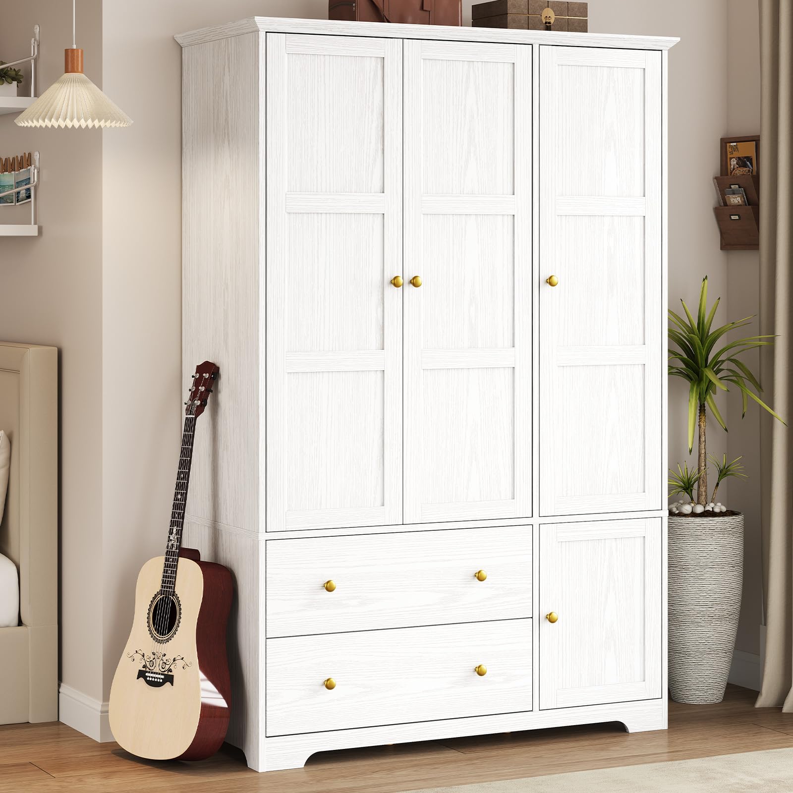 ONBRILL 3 Doors Wooden Wardrobe Closet Armoire with Pull Out Pants Rack, Bedroom Large Capacity Armoire with Drawers and Shelves, Storage Cabinet for Hanging Clothes, White