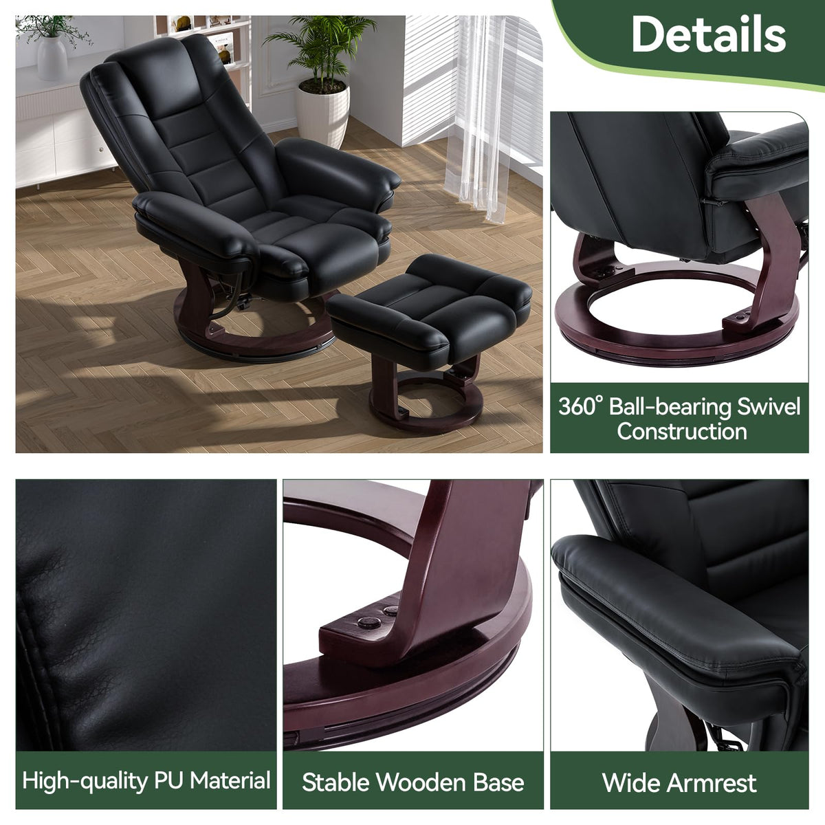 Swivel Recliner Chair with Ottoman, Adjustable PU Leather Recliner, Black