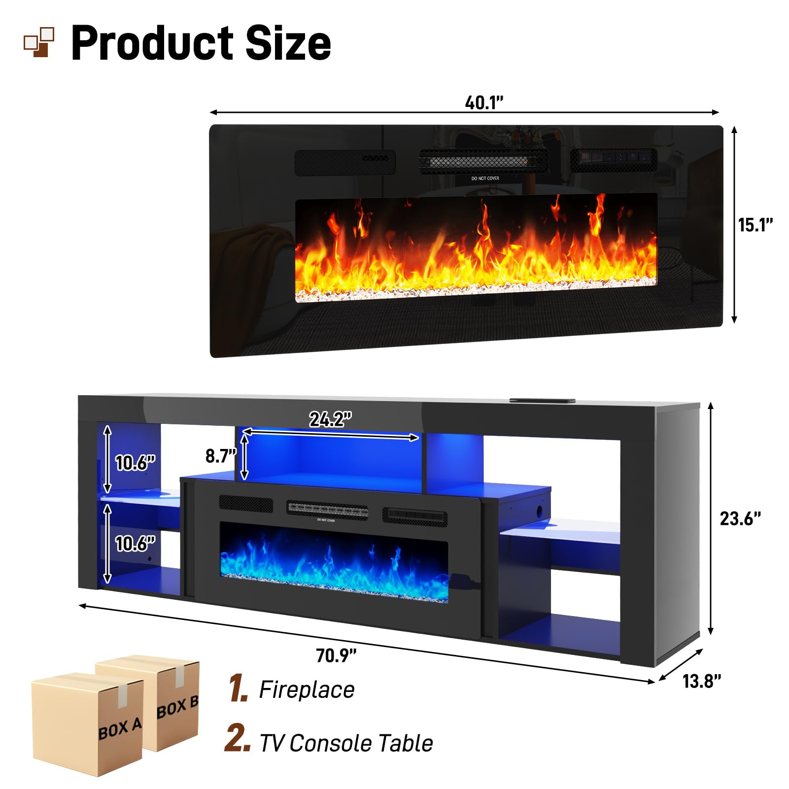 jiteentarou 71" Floating Fireplace TV Stand for up to 85" TVs, Modern High Gloss Entertainment Center w/40 Electric Fireplace, Charging Station&LED Lights, Fireplace TV Media Console w/Storage, Black