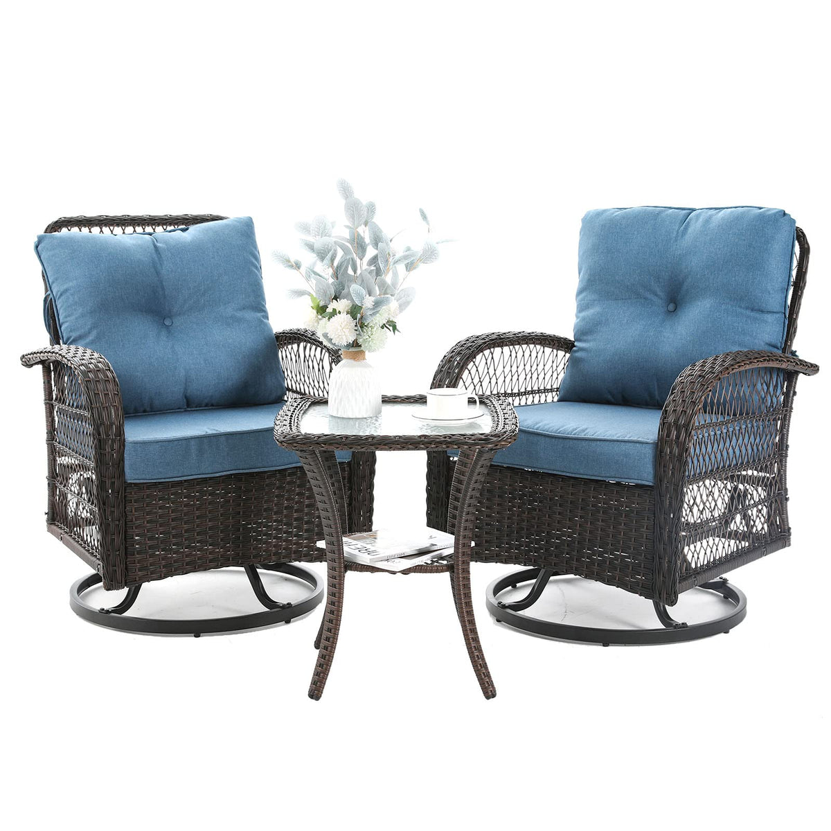 Patio Furniture Set 3 Pieces, Outdoor Swivel Glider Rocker Bistro Set, Blue