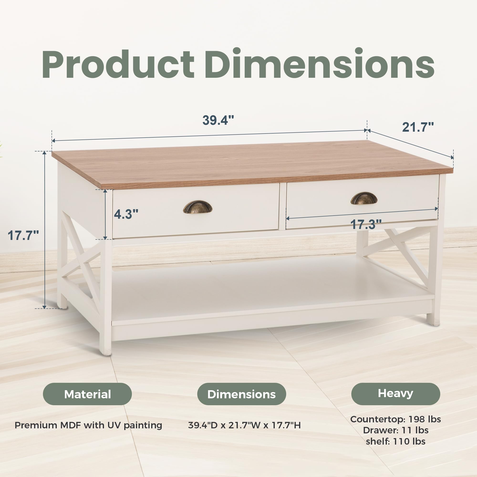 PHI VILLA Coffee Table for Living Room - Farmhouse Modern Coffee Tables with Storage, Ivory White Coffee Table