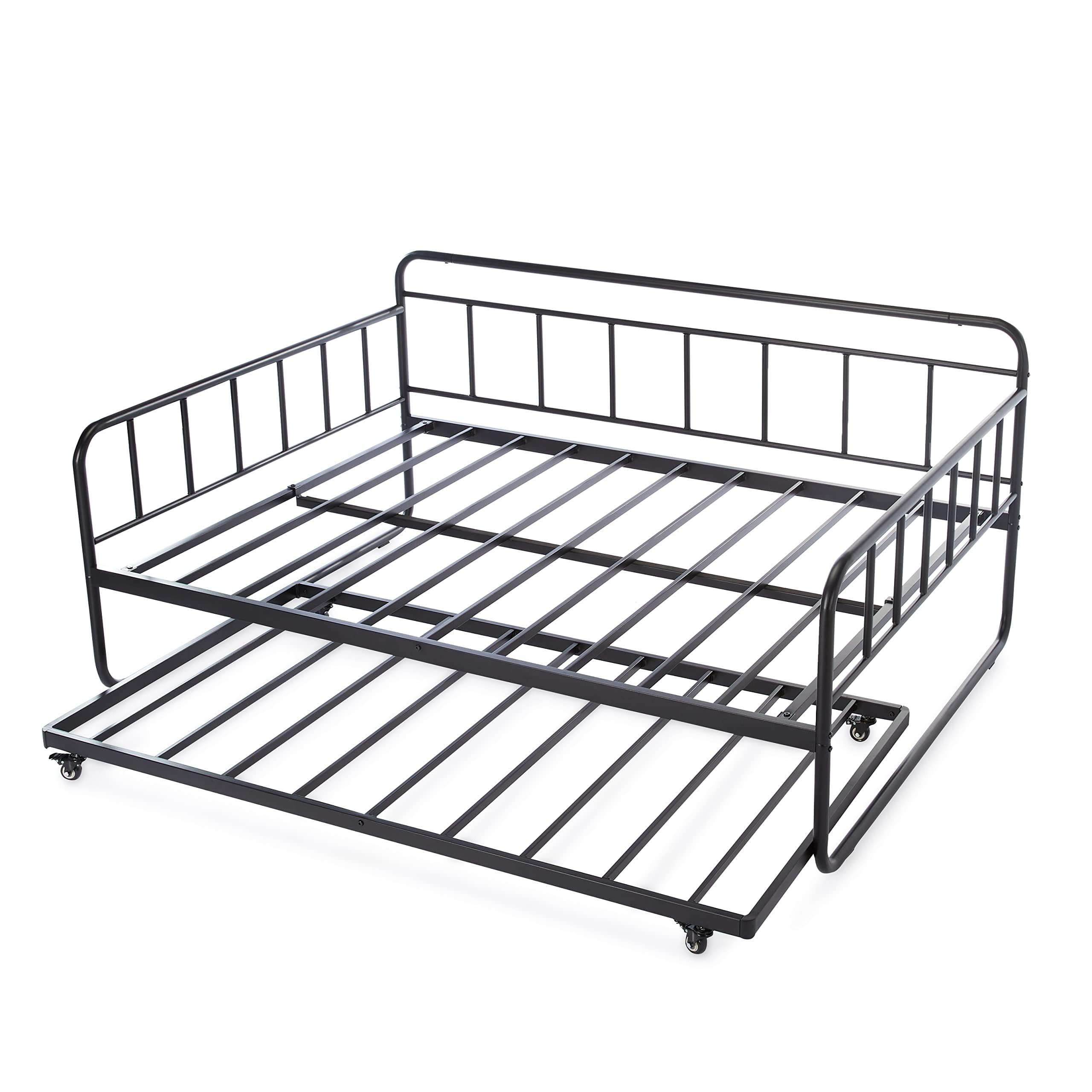 Amazon Basics Full Size Daybed and Twin Size Trundle Bed Frame Set, Space Saving Steel Slat Support, Sturdy Metal Design, Easy Assembly, Black