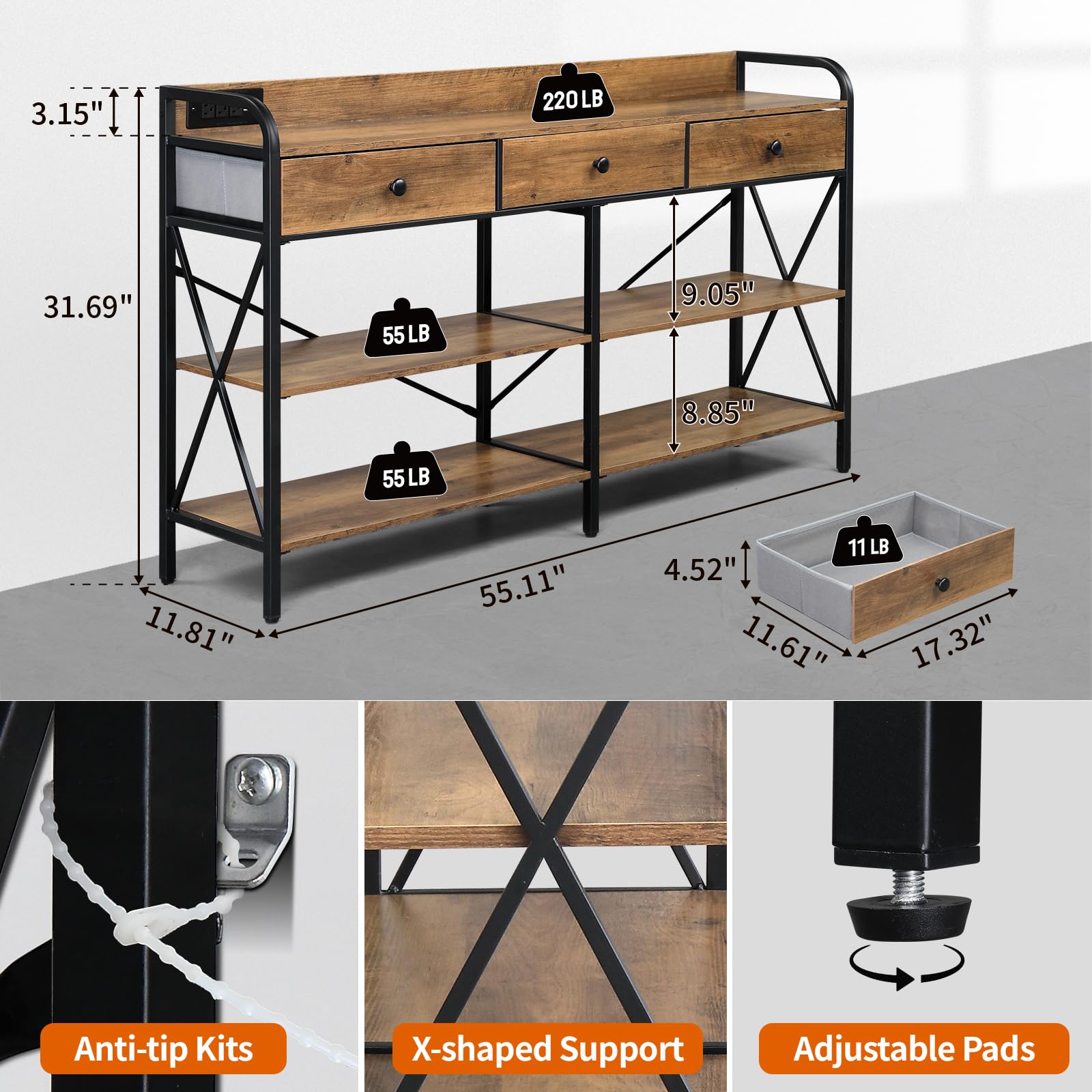 Console Table with USB Ports & Storage Shelves