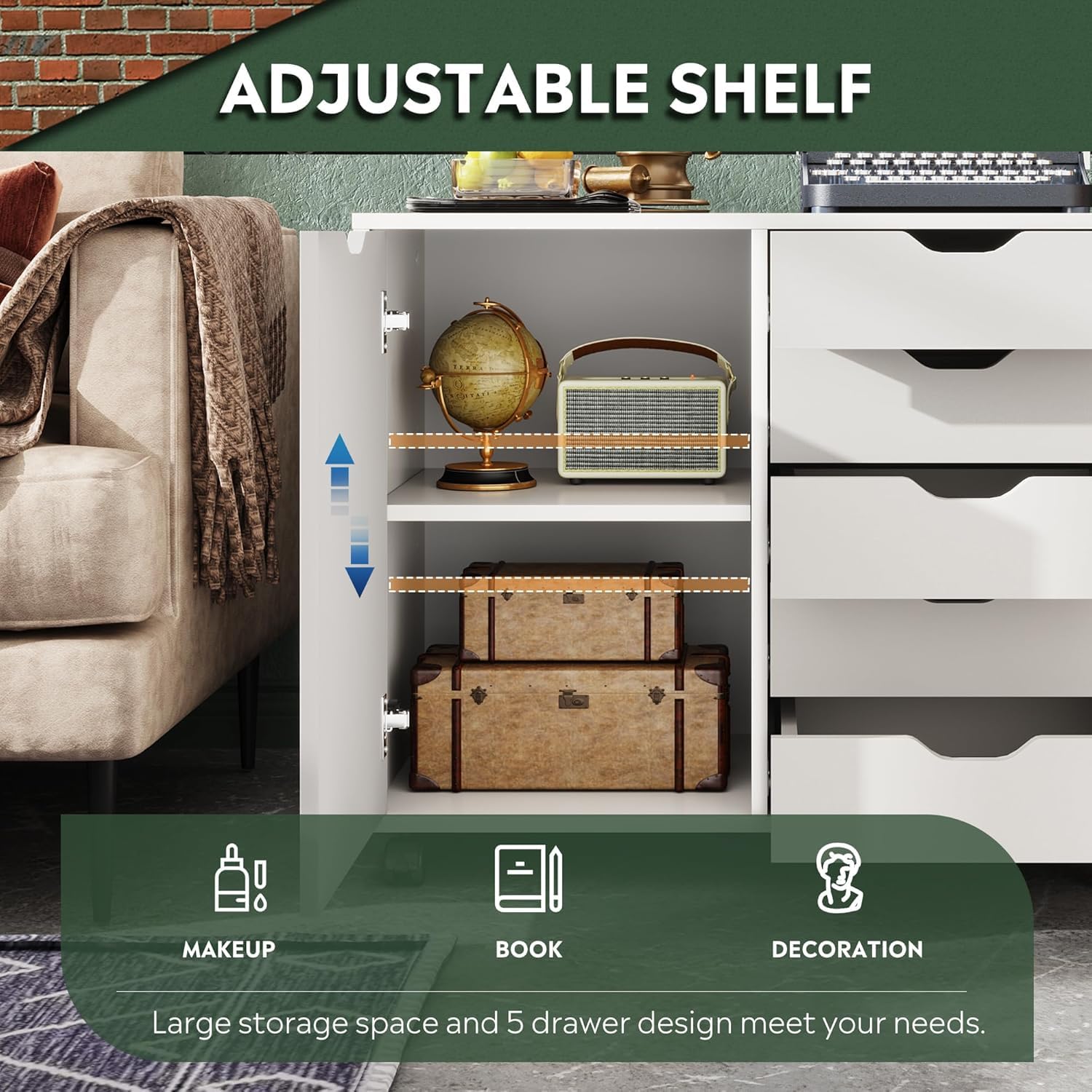 5-Drawer Storage Cabinet with Wheels & Adjustable Shelf