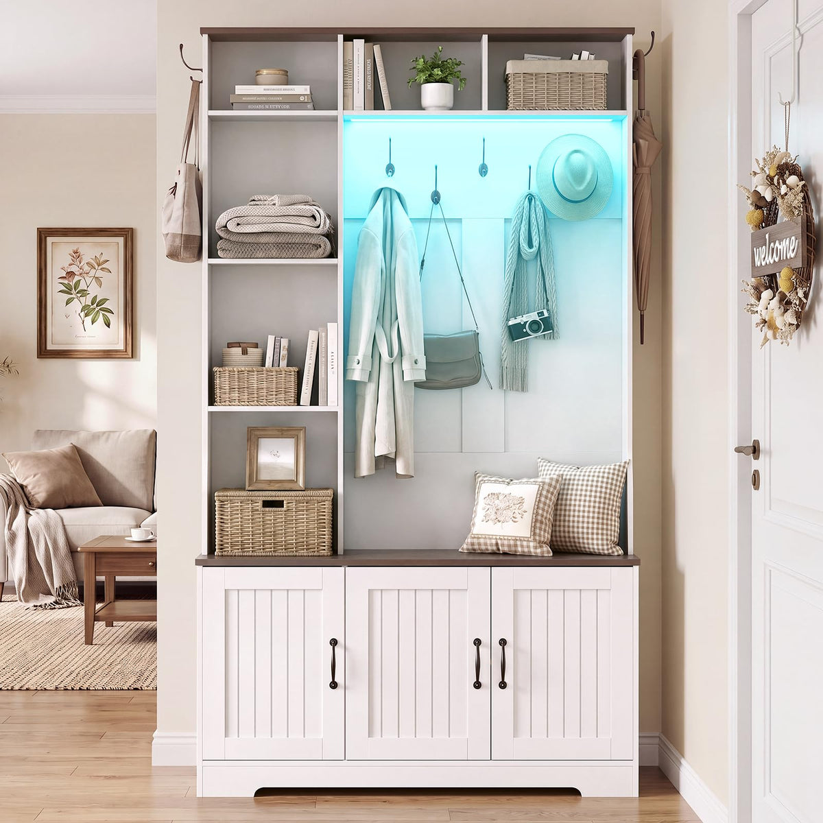 White LED Hall Tree with Shoe Storage