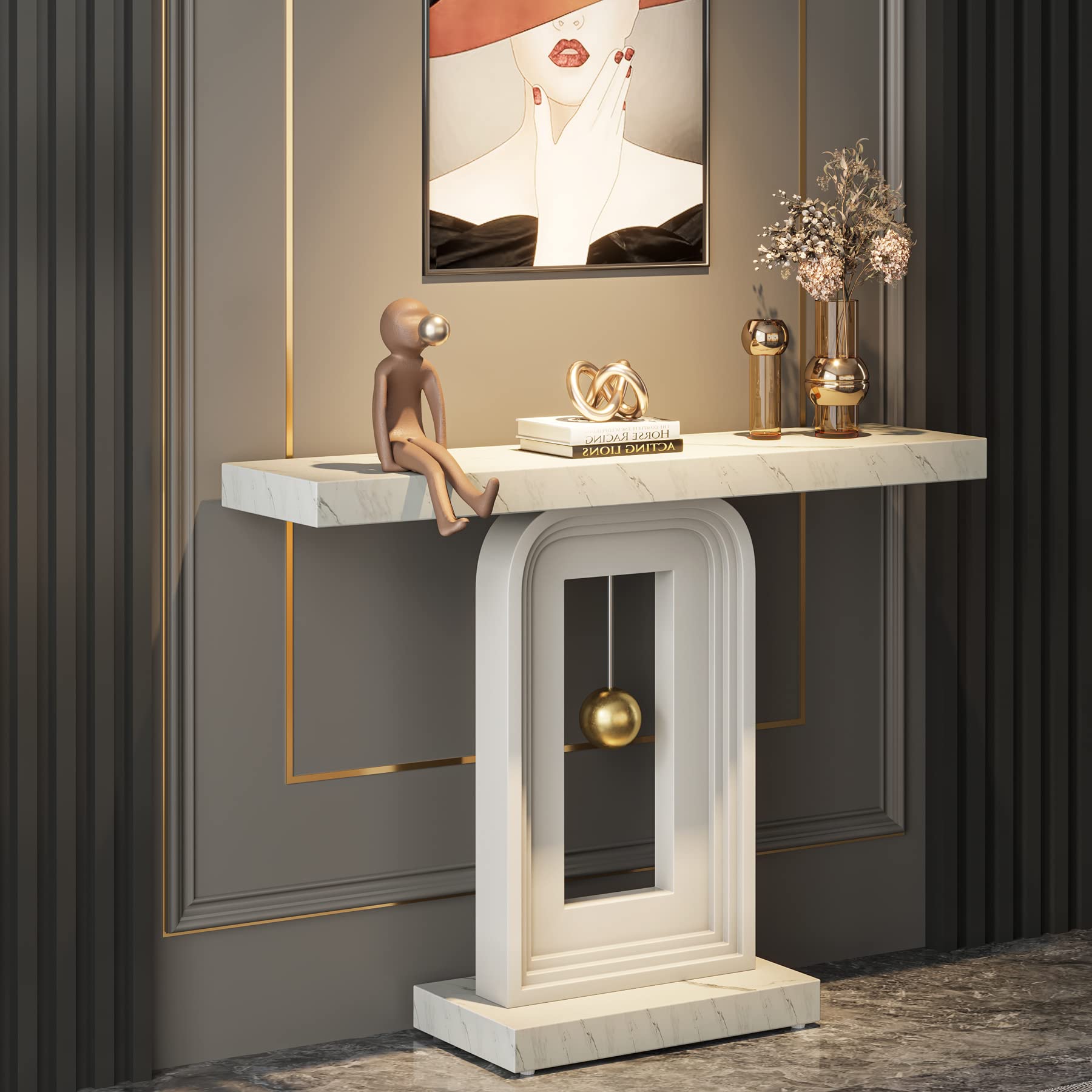 Tribesigns Modern Console Table, 40 Inches Faux Marble Sofa Table, Contemporary Entryway Table with Pendulum Shape Base for Living Room Hallway Entrance, White