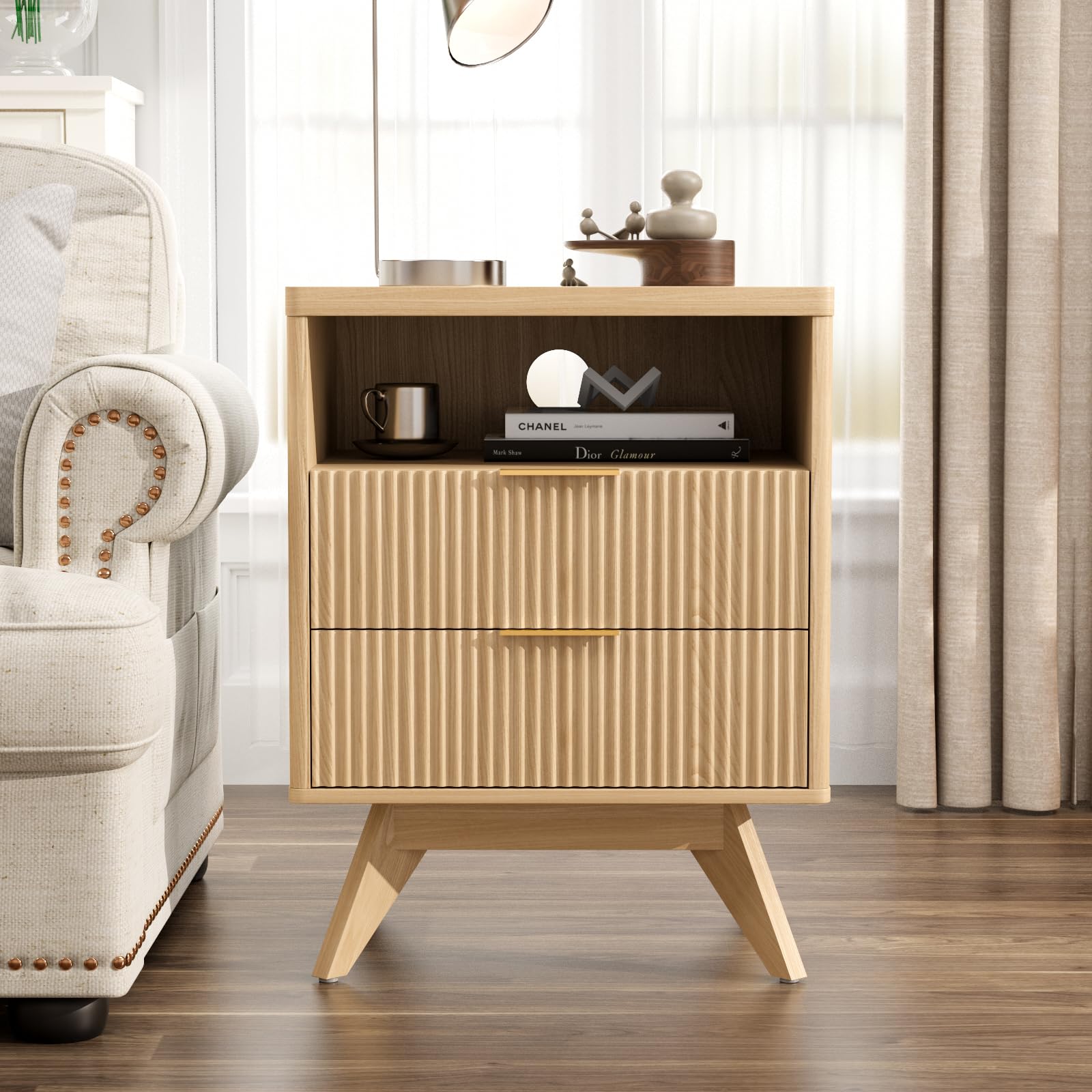 Fluted Nightstand Set of 2 with Drawer & Open Shelf