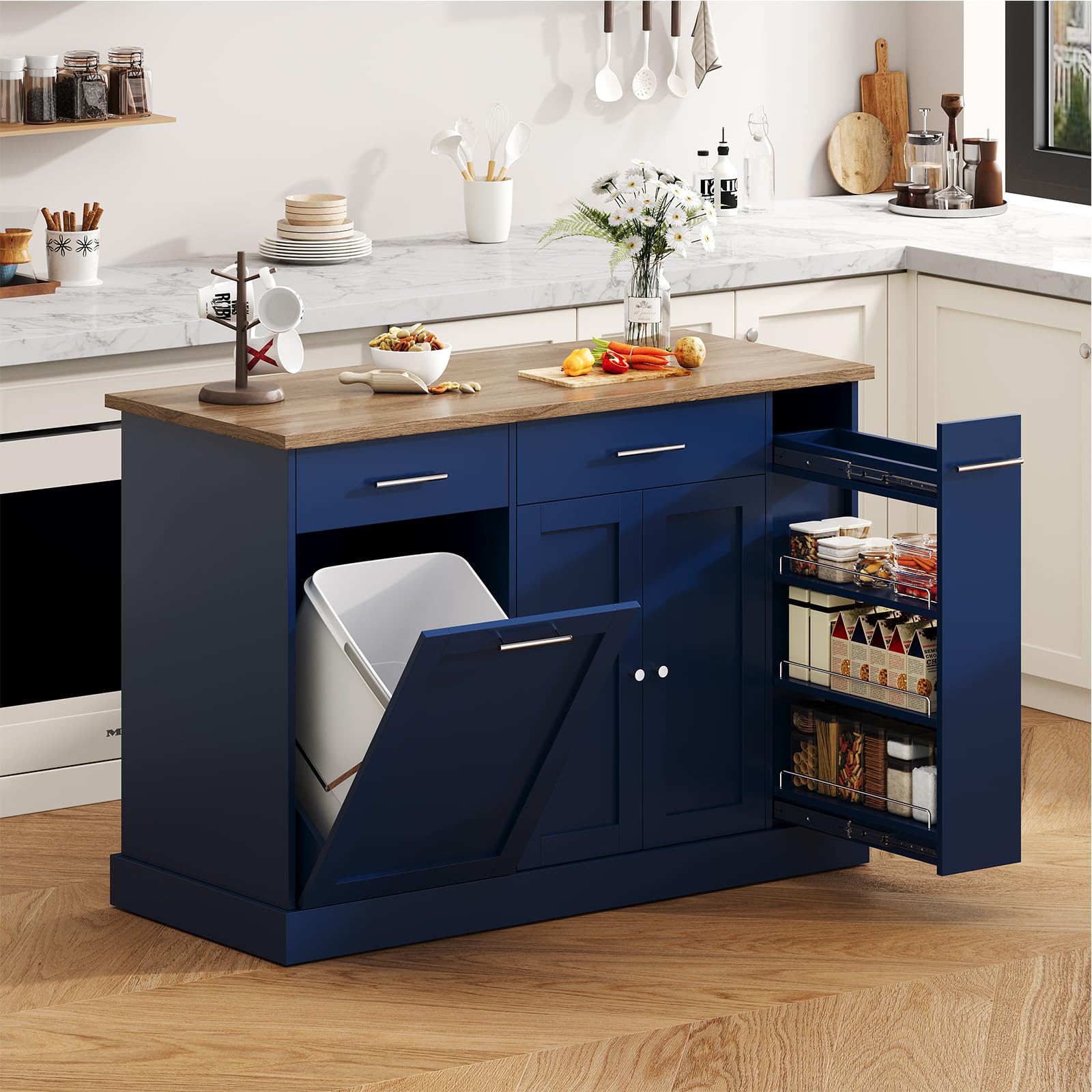 4 EVER WINNER 53" Rolling Kitchen Island with Trash can Storage, Kitchen Island Cart with 3-Tier Spice Rack, Island Table for Kitchen with Adjustable Shelves, Blue