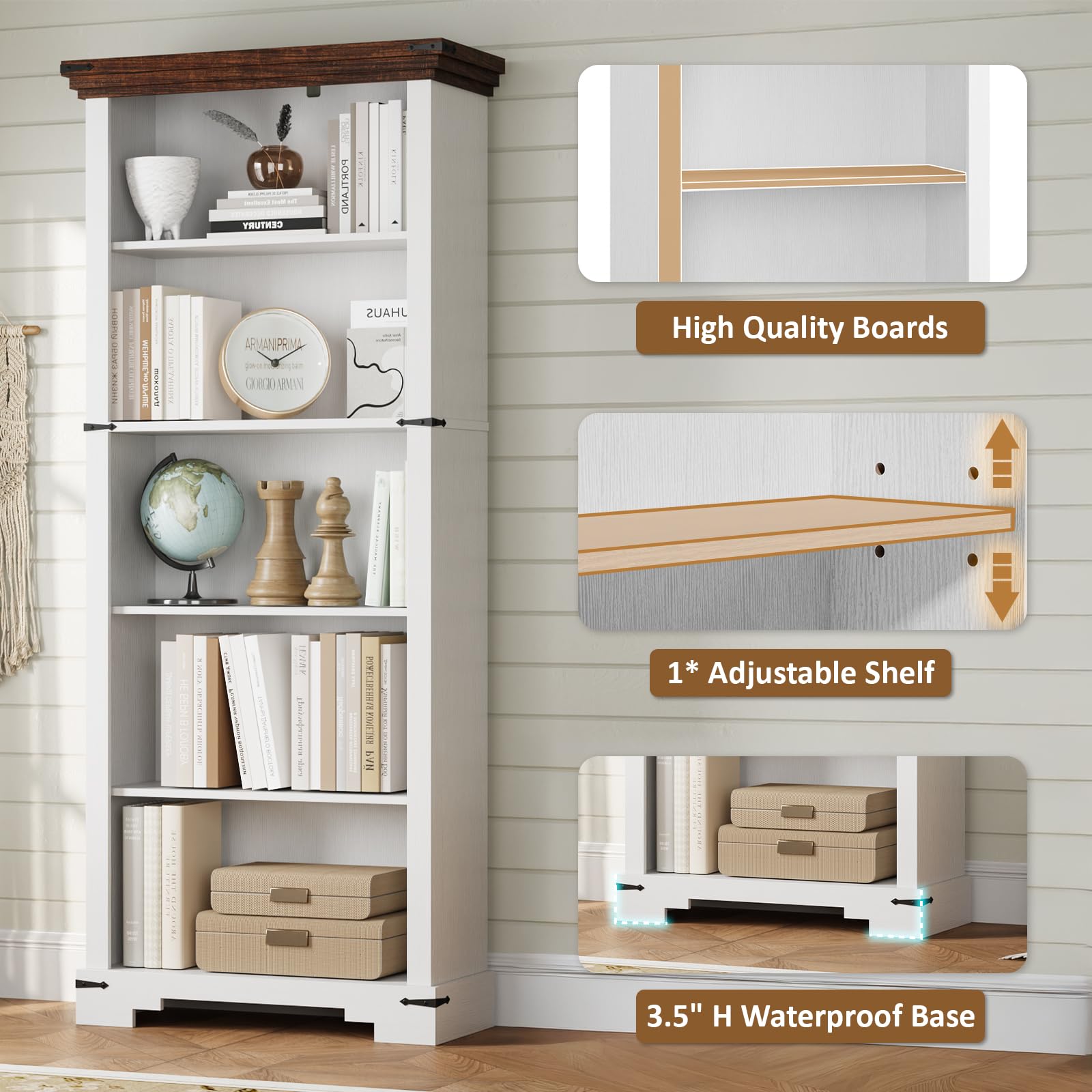 HOTLUU 5-Tier Farmhouse Bookshelf, 61.1 inch Tall Bookcase with Storage & Unique Design & One Adjustable Shelf, Wooden Bookshelf for Study Room, Living Room, Home Office, Bedroom (White)
