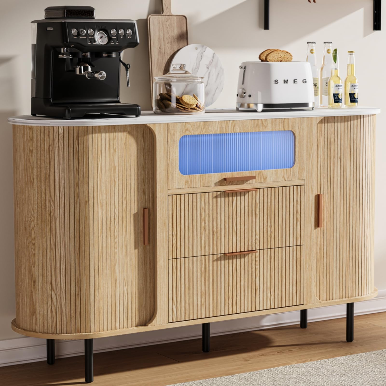 Cychuily 54" Fluted Sideboard Buffet Cabinet with Storage, Mid Century Coffee Bar with LED Light & Slide Doors, 2 Drawers, Modern Storage Cabinet for Kitchen, Living Room, Faux White Marble Top, Oak