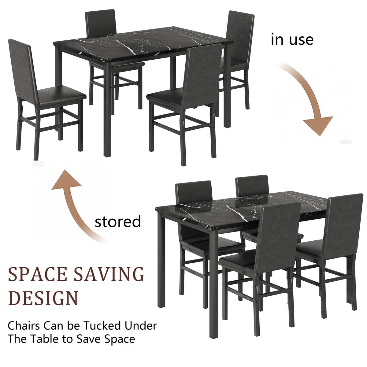 OFFWIN Dining Table Set for 4, 5-Piece Faux Marble Dining Set,4 Upholstered PU Chairs, Modern Kitchen Table Furniture for Dining Room,Compact Space-Saving Faux Marble Tabletop (Black + Black)