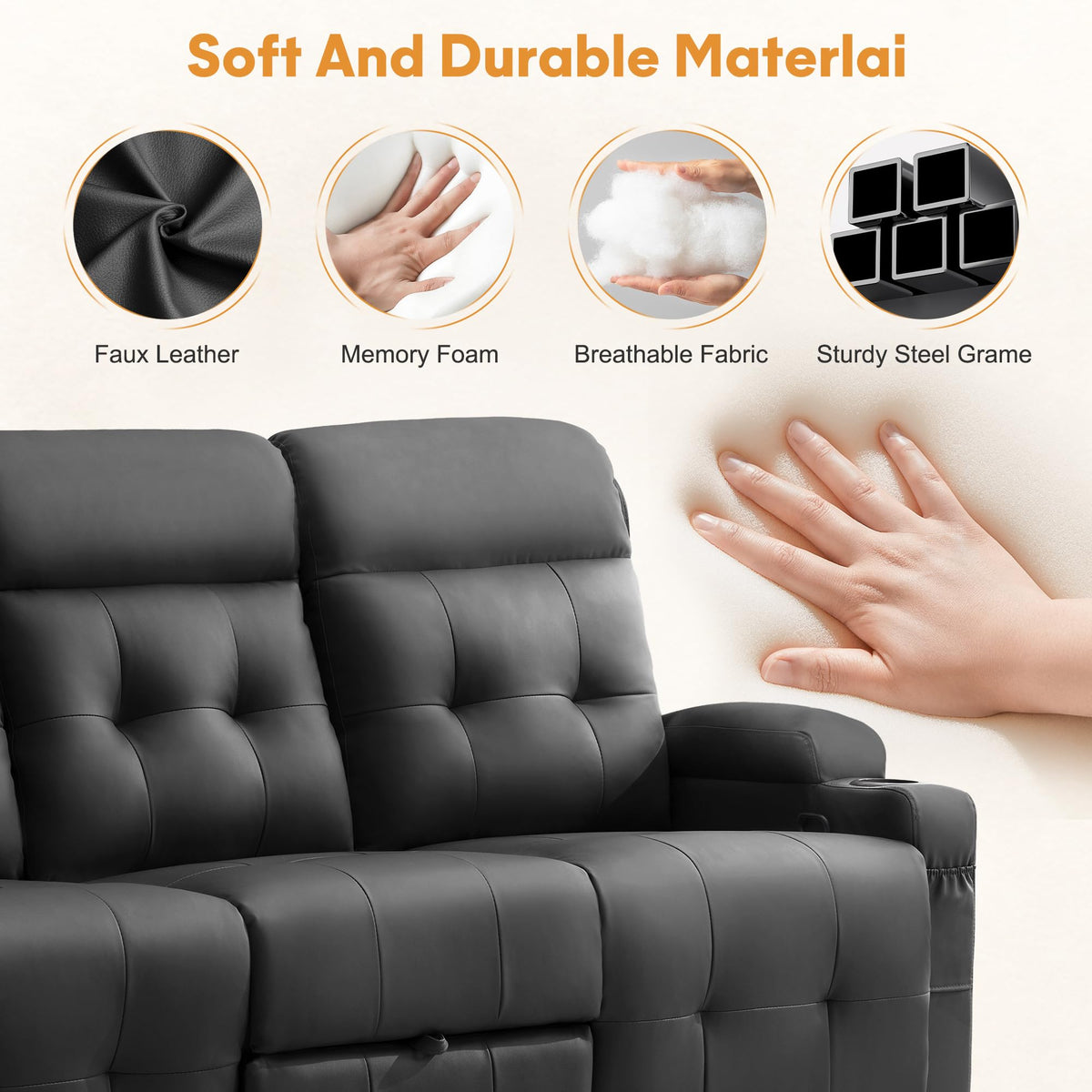 Korser 3-Seater Loveseat Recliner Sofa, Manual Recliner Chair with Flip Back Console, Cup Holder & USB, Home Theater Seating for Family Party, PU Leather, Black