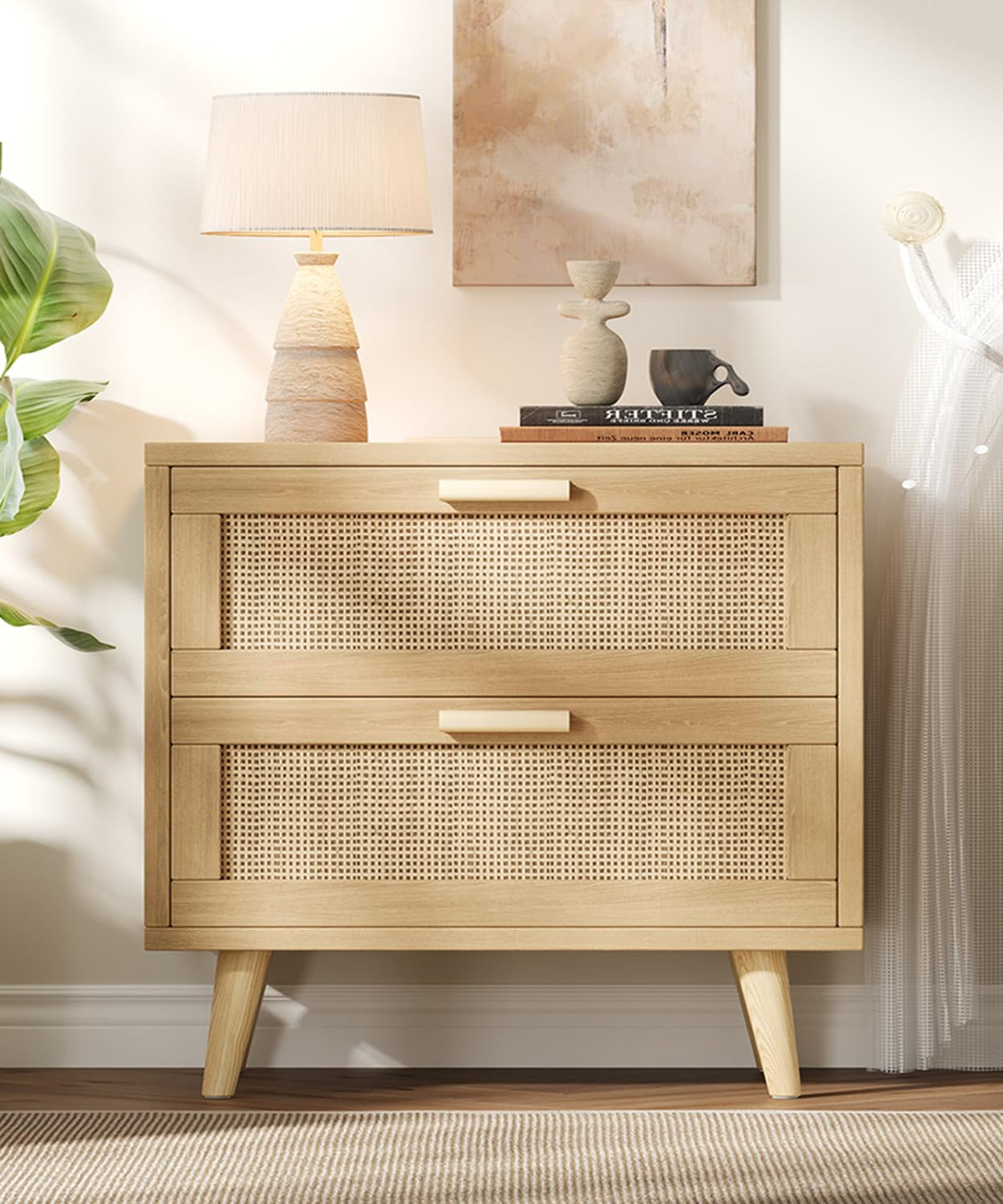Rattan Nightstand with Charging Station