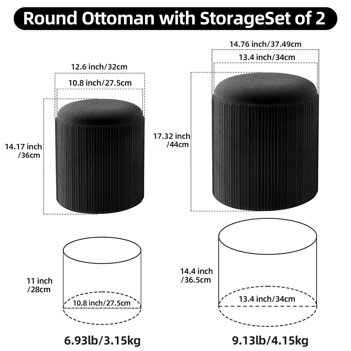 Black Velvet Storage Ottoman Set